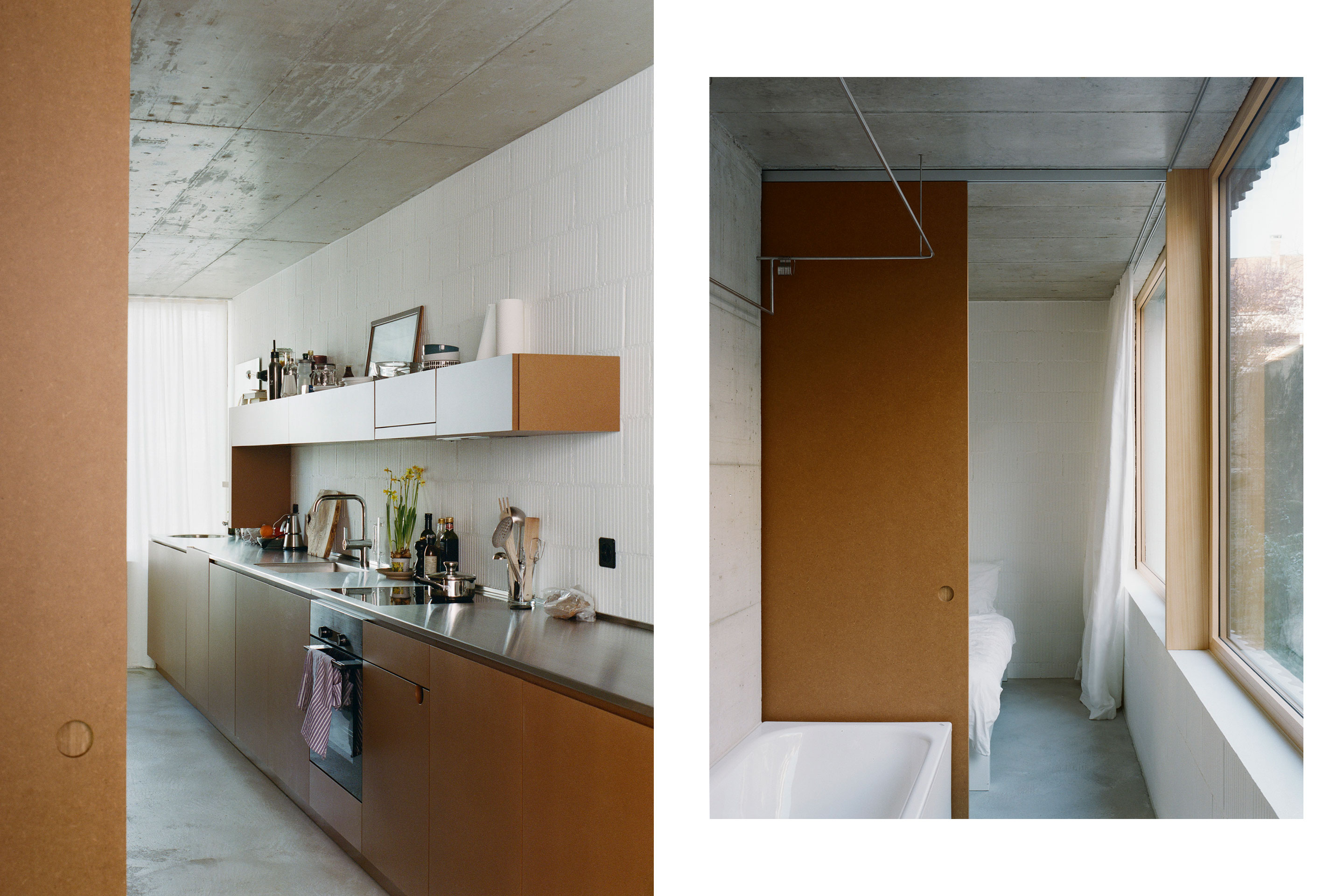 Für die Einbauten wie die Küchen oder die Schiebetüren wählten Wallimann Reichen farblos lackierte MDF-Platten, deren Materialität und Farbigkeit den Innenräumen eine warme Atmosphäre verleiht.