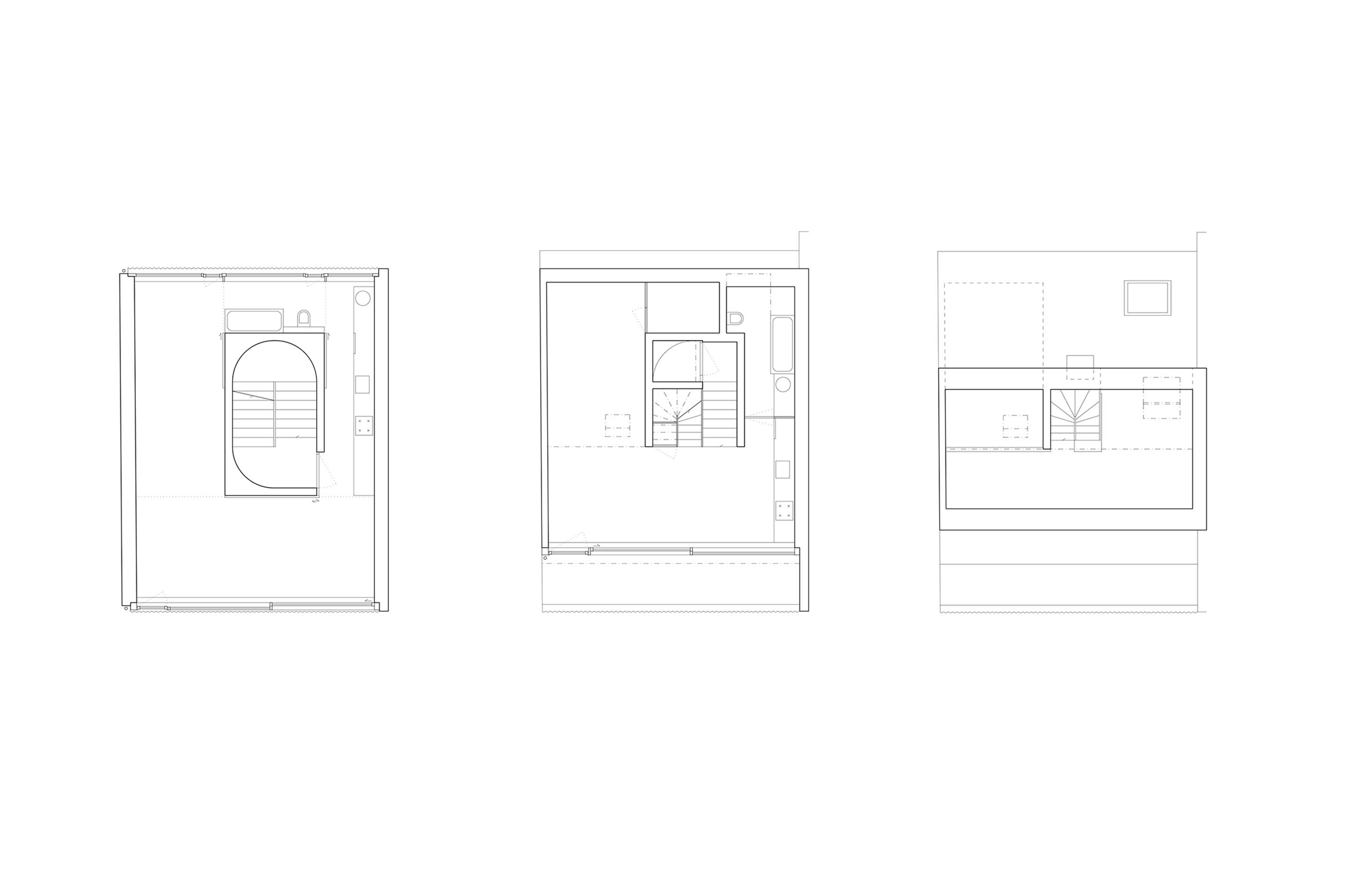Von links nach rechts: Grundrisse Regelgeschoss, Dachgeschoss 1 und Dachgeschoss 2