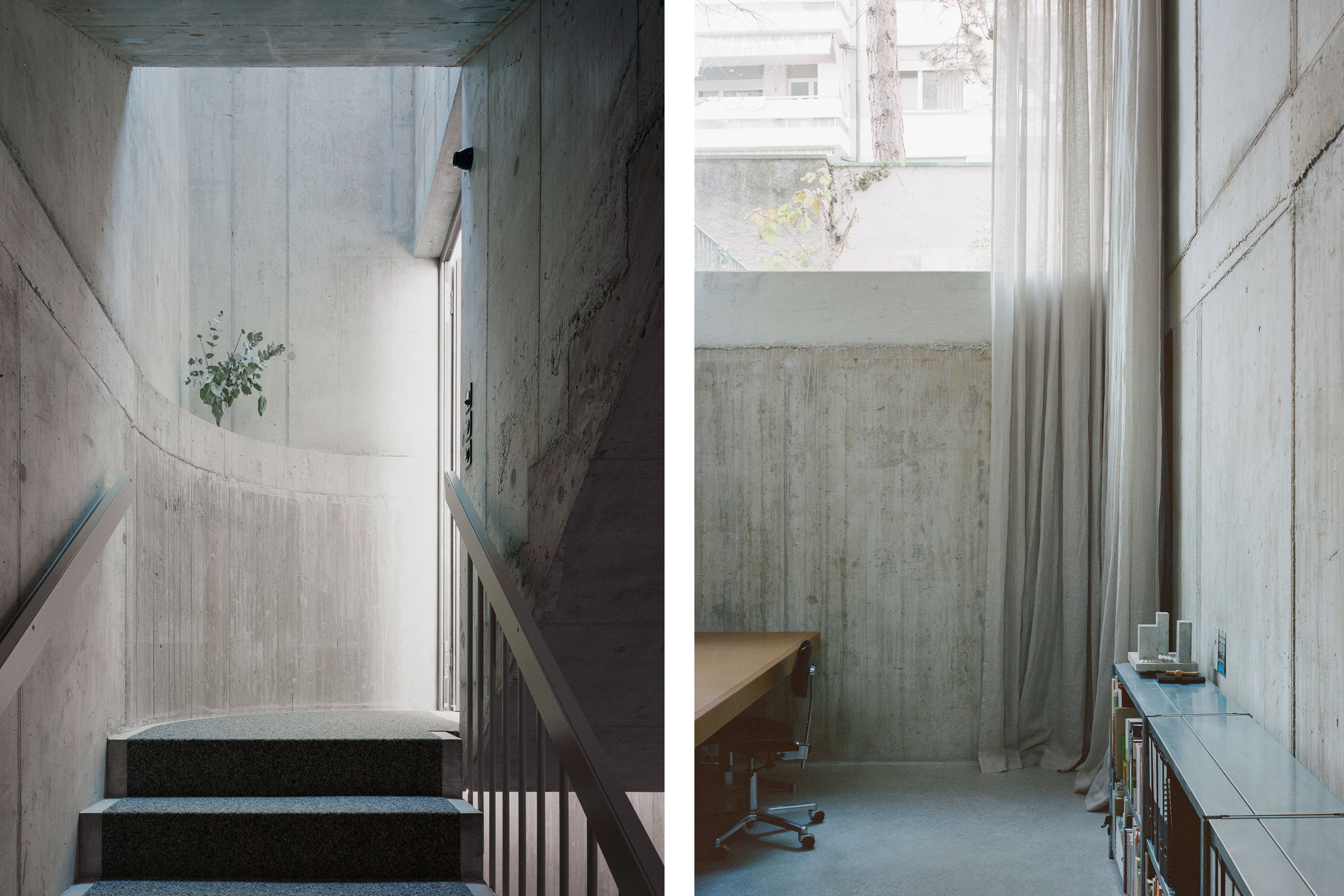 Statisch notwendiger Ortbeton prägt die Räume des Ateliers. In den oberen Geschossen setzt sich der Beton in Form eines konstruktiven Erschliessungskern fort.