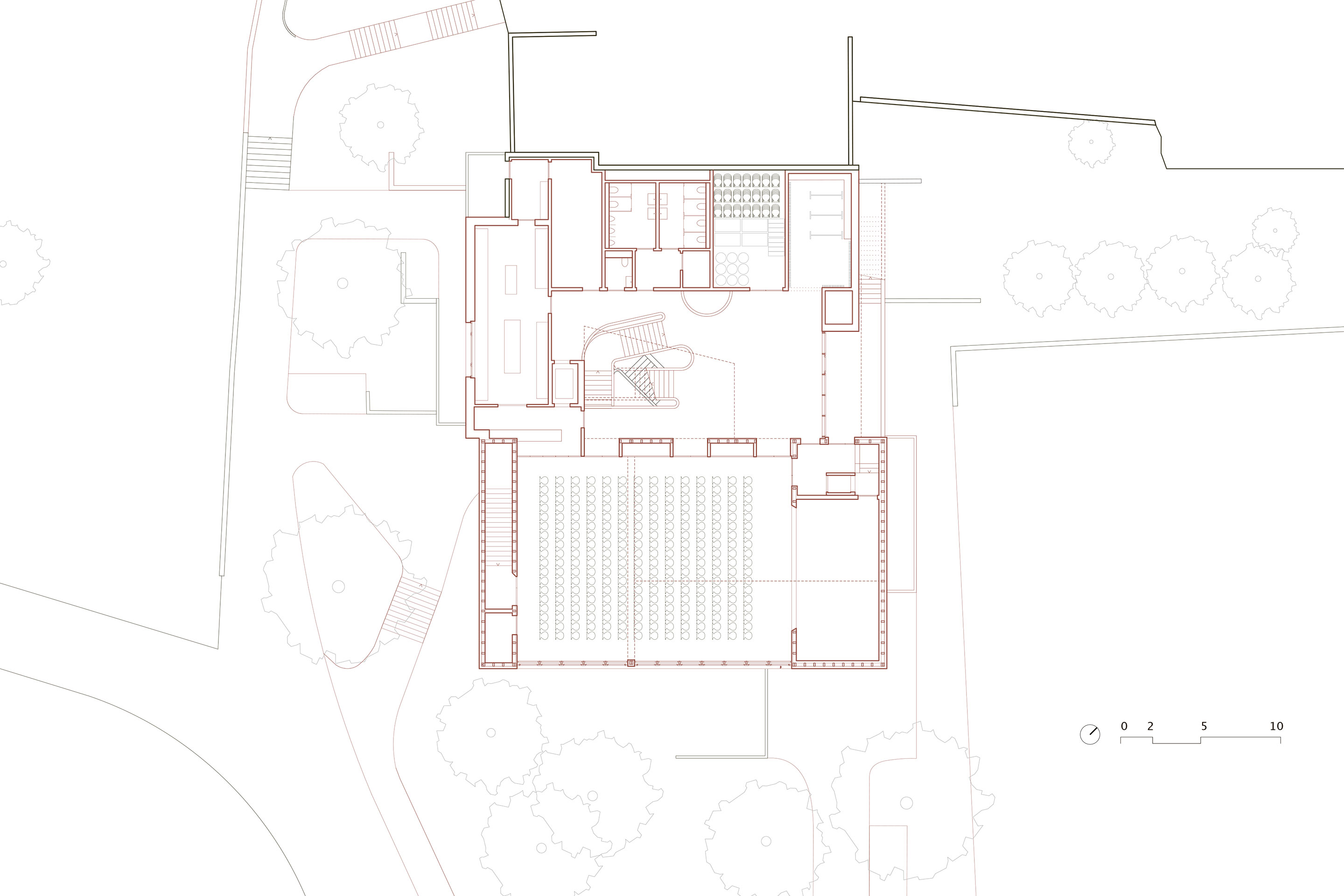 Grundriss 2. Obergeschoss: Der Saal ermöglicht nun auch grössere Veranstaltungen unter dem neuen Kupferdach.