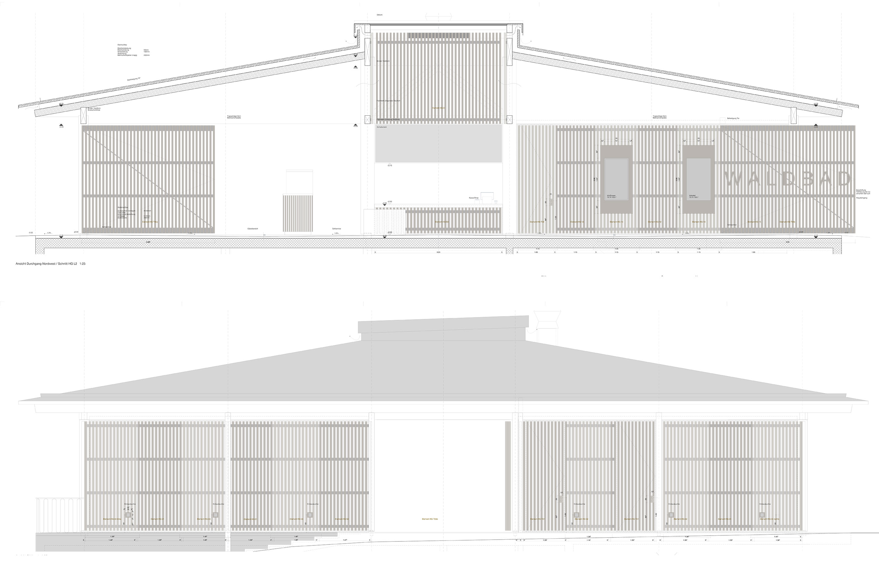 Eingangsgebäude «Waldhütte», Schnitte.