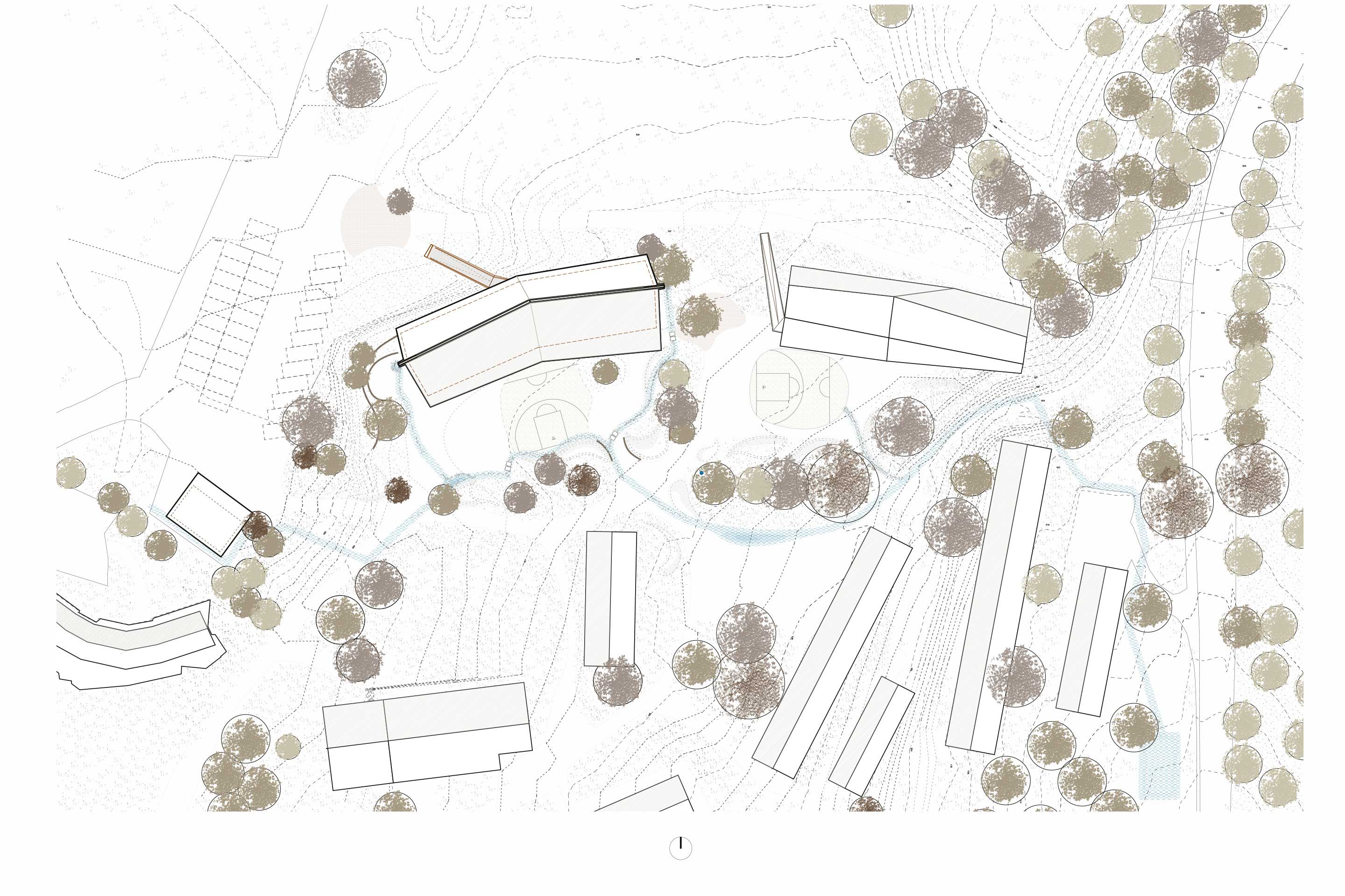 Plan de situation: les pavillons encadrent et protègent le nord du campus.