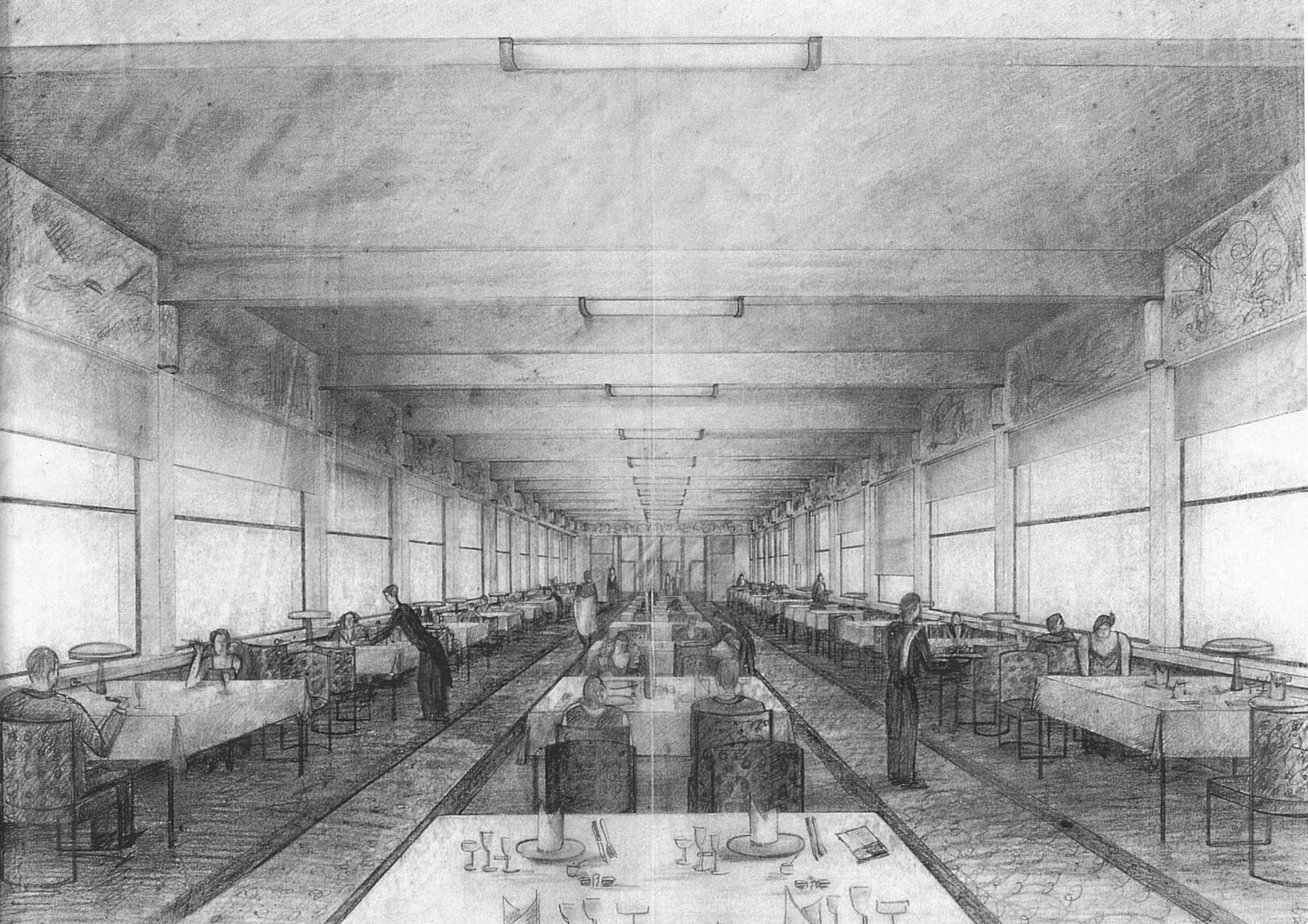 Perspective intérieure au fusain de 1931, montrant le restaurant dans la salle panoramique tel que Braillard l’imaginait. Les architectes de la réhabilitation n’ont pas souhaité reproduire ce projet à l’identique.
