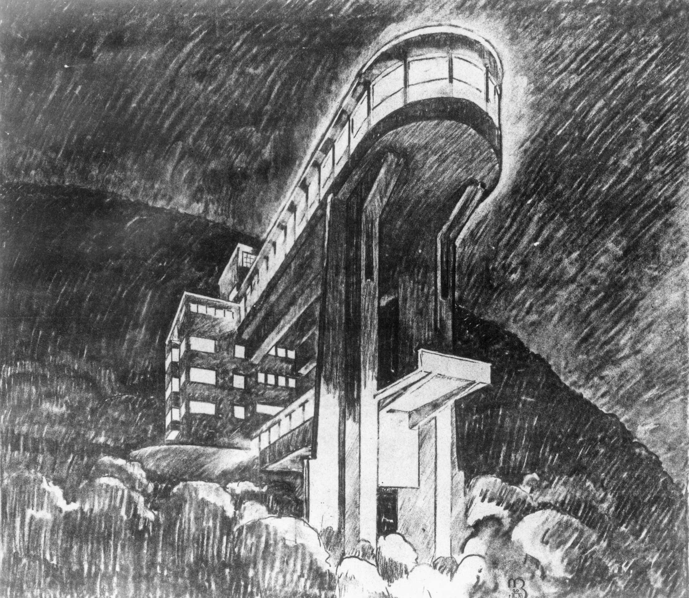 Perspective extérieure au fusain, réalisée par Maurice Braillard en 1931. L’hôtel, placé à l’arrière, n’a jamais été réalisé.