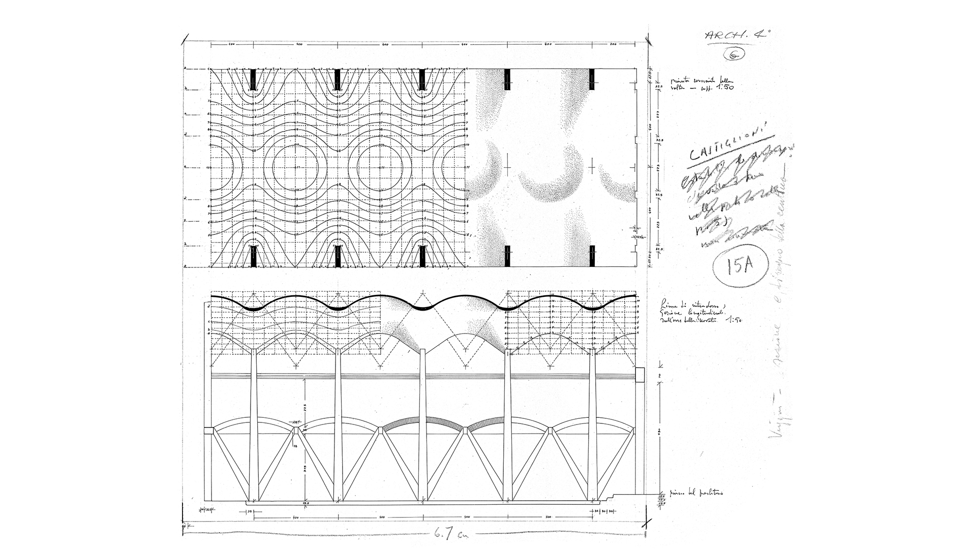 Disegno copertura e sezione chiesa Viggiu