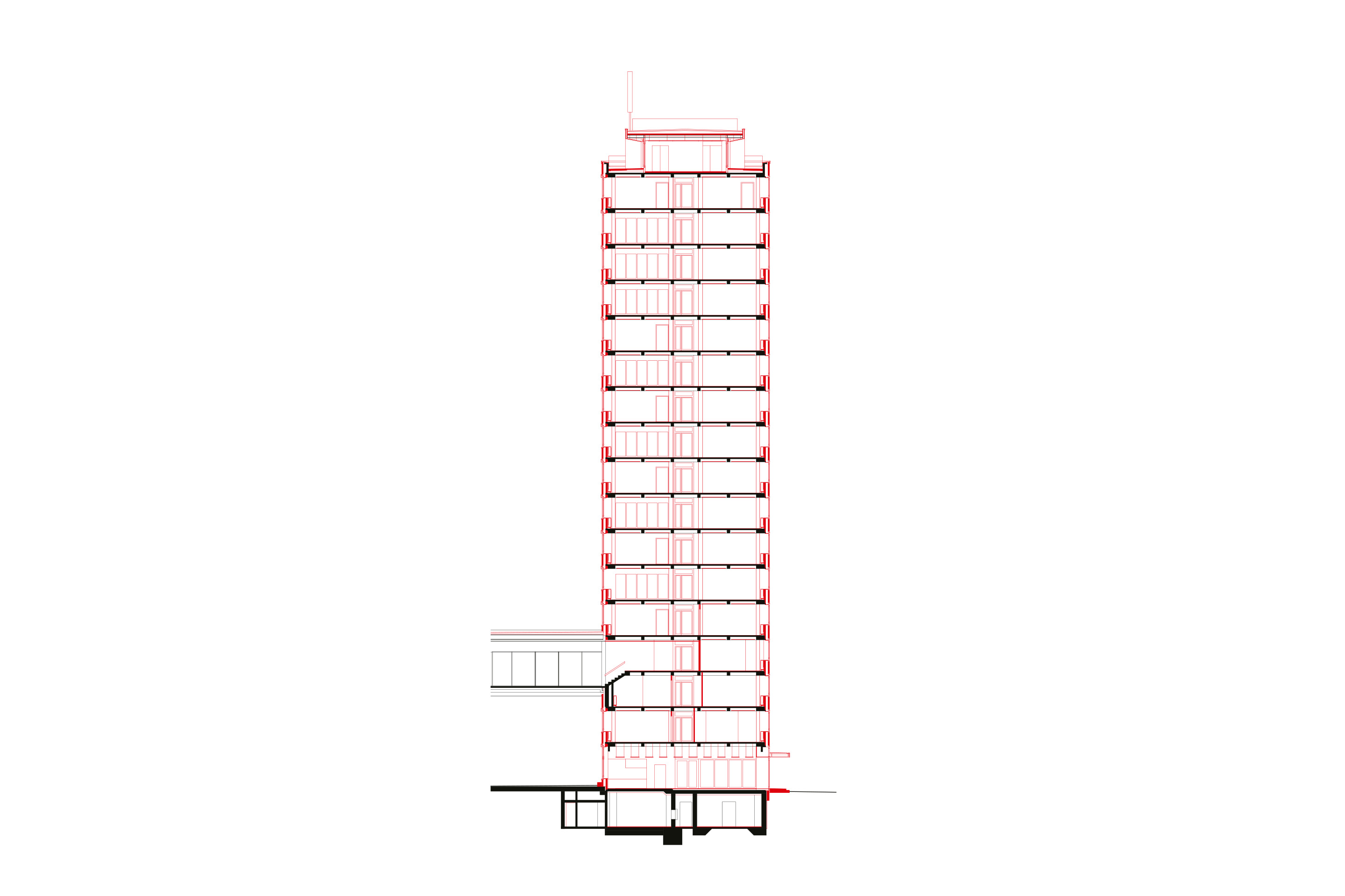 bIm Querschnitt erkennt man die nach aussen versetzte Fassade.