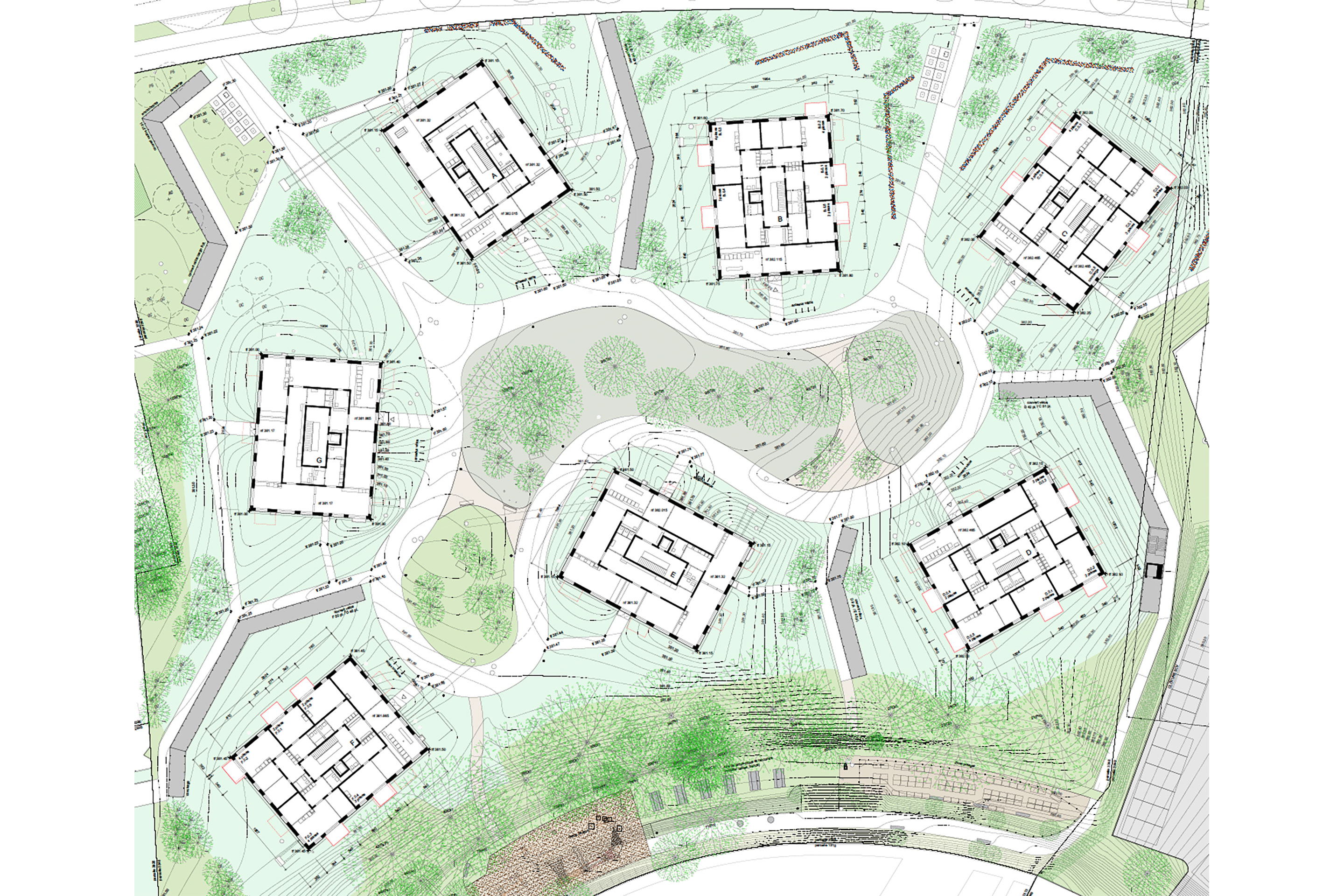 Siedlung Auréa, La Fontenette, Carouge – Situation/ Grundrisse Erdgeschoss mit den bereits realisierten Balkonen in Rot