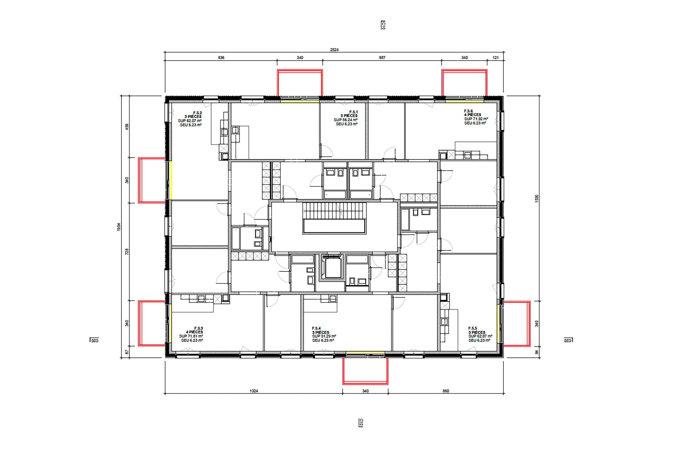 Gebäude F, Grundriss 5. Obergeschoss. Jede Wohneinheit erhält einen Balkon.