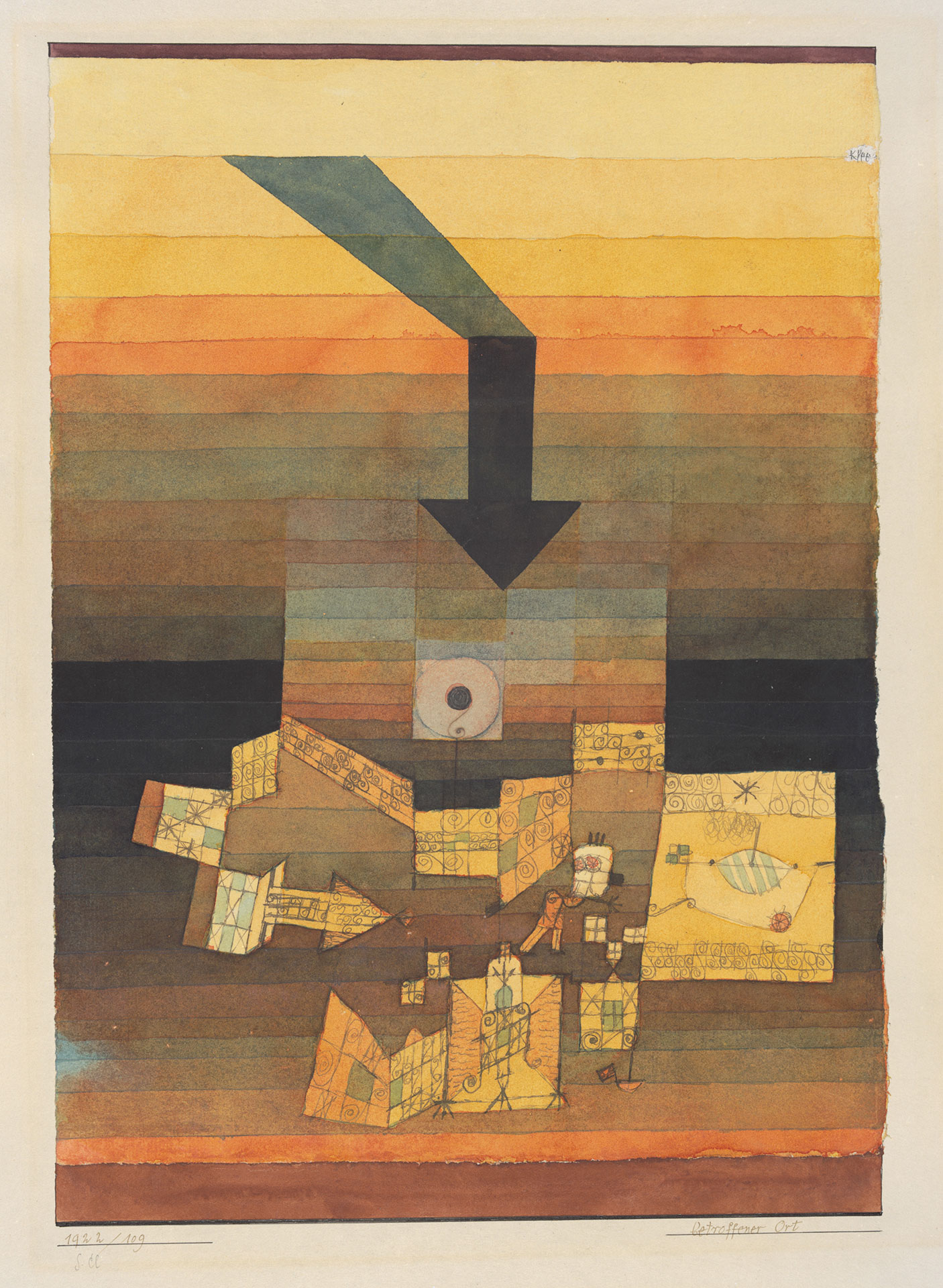 Paul Klee: betroffener Ort, 1922. Feder, Bleistift und Aquarell auf Papier auf Karton 30,7 x 23.1 cm