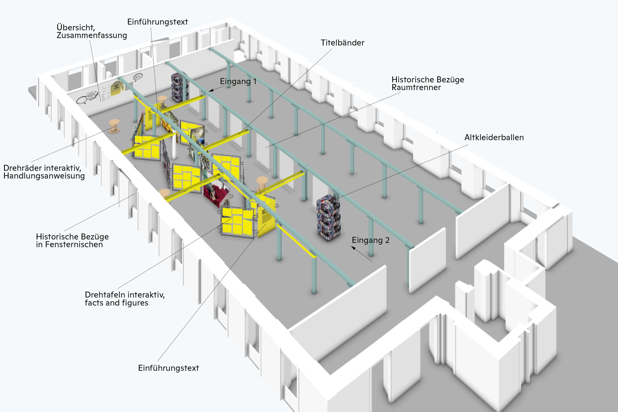 Axonometrie der Ausstellung: Einfachste Mittel wie Stellwände, Bänder und Stoffbahnen erzeugen in der historischen Architektur einen vielschichtigen Raumeindruck, der dem brisanten Thema mehr als gerecht wird.