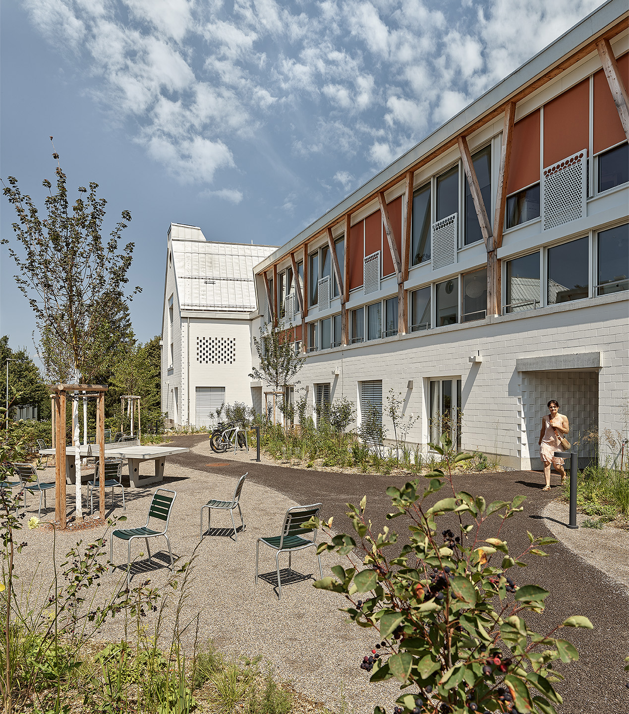 Il legno è stato utilizzato sulla facciata per le travi a Y in larice lamellare che si sviluppano su due piani.