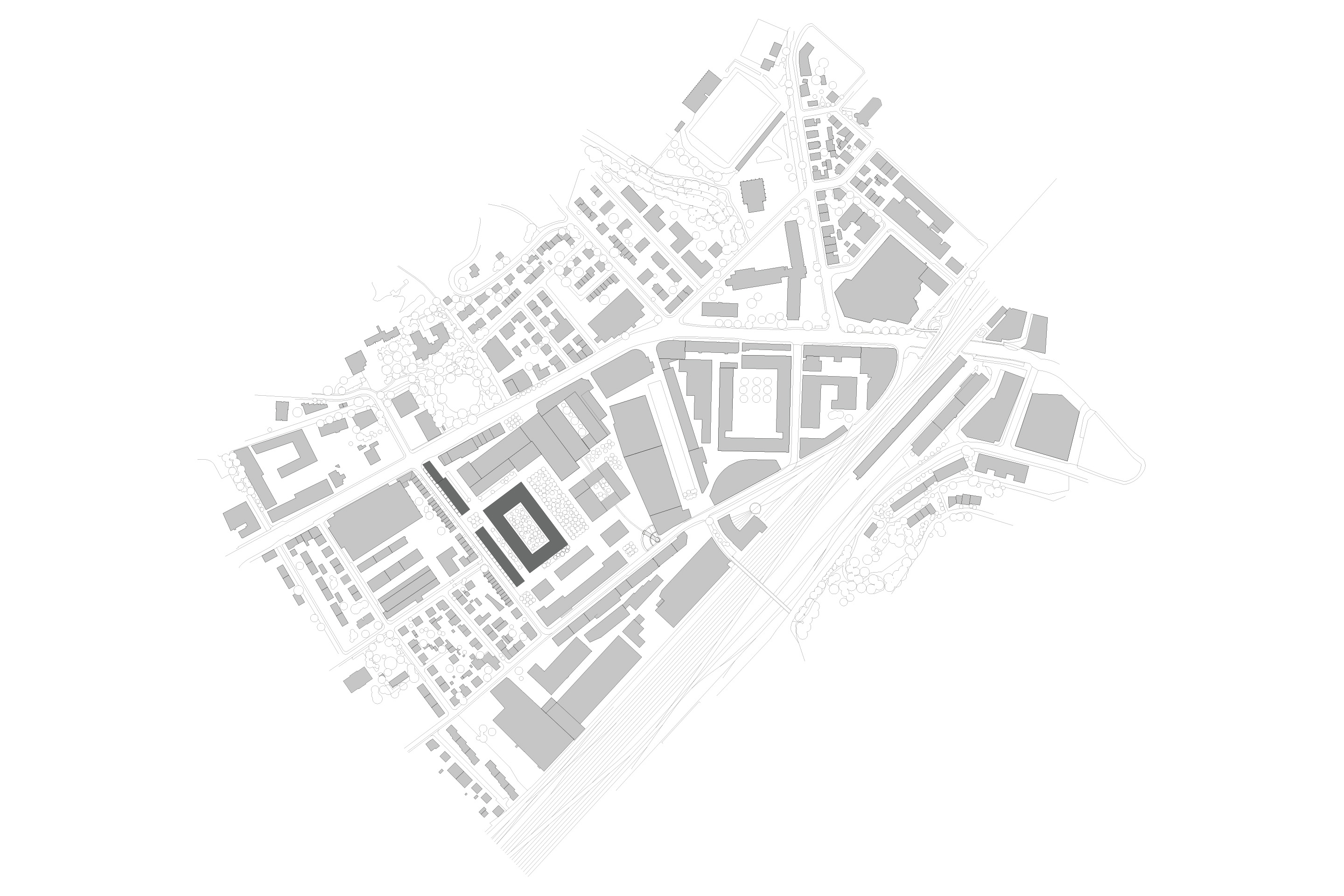 Die zwei Stadthäuser bilden als Riegelbauten den Rand des Sulzerareals. Der dahinter liegende Block ist das benachbarte Wohngebäude Krokodil. Situationsplan