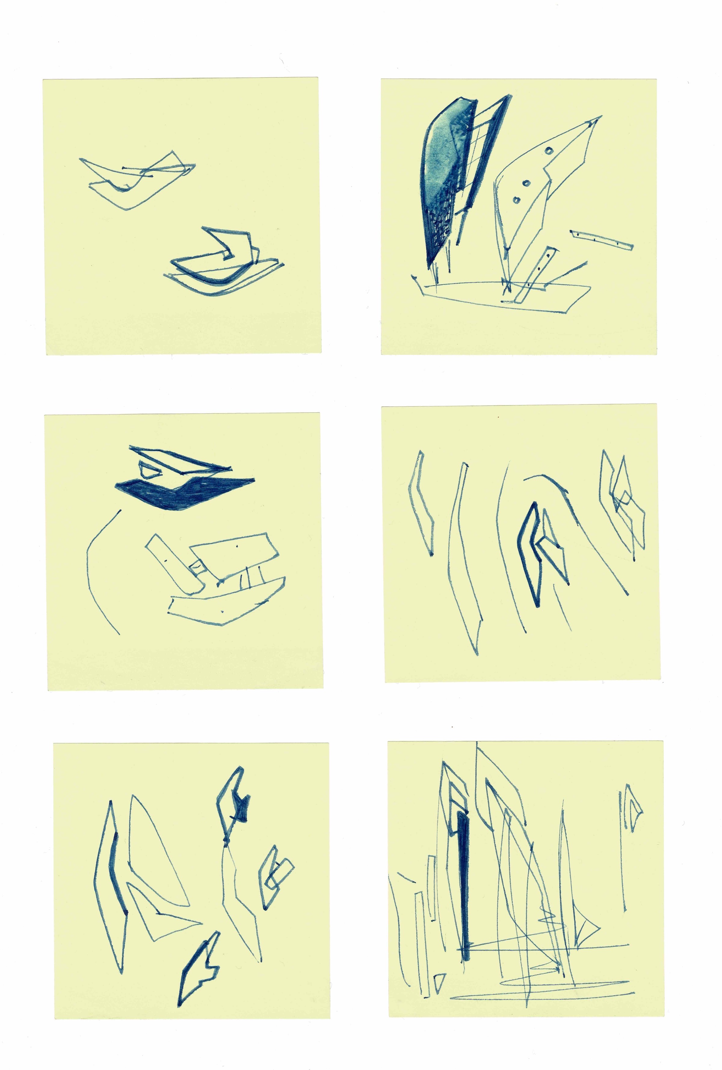 Zaha Hadid (1950-2016), Croquis, étude préliminaire, Kurfurstendamm, 1988, encre bleue sur post-it, chacun 7.6 x 7.6 cm