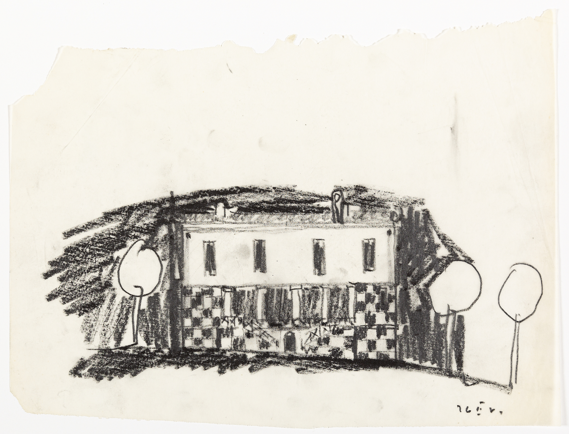 Peter Märkli (*1953), Haus Kuehnis, façade, 1982, fusain sur papier, 33 x 25 cm