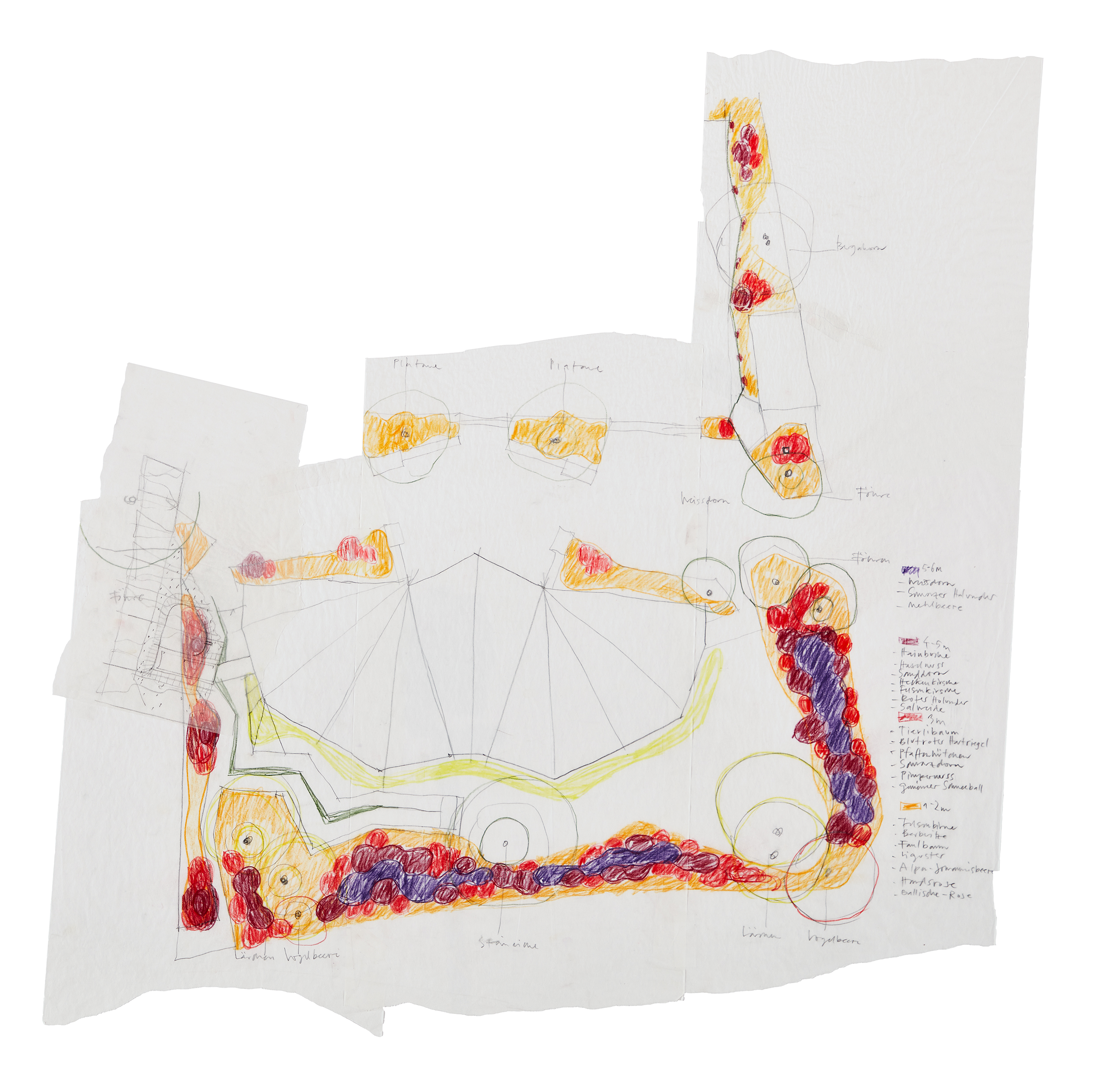 Bosshard Vaquer (*1966/1971), Plan de plantation avec nouvelle entrée de jardin, rénovation du complexe scolaire Auzelg, 2023, crayon de couleur sur papier à dessin, approx. 87 x 85 cm