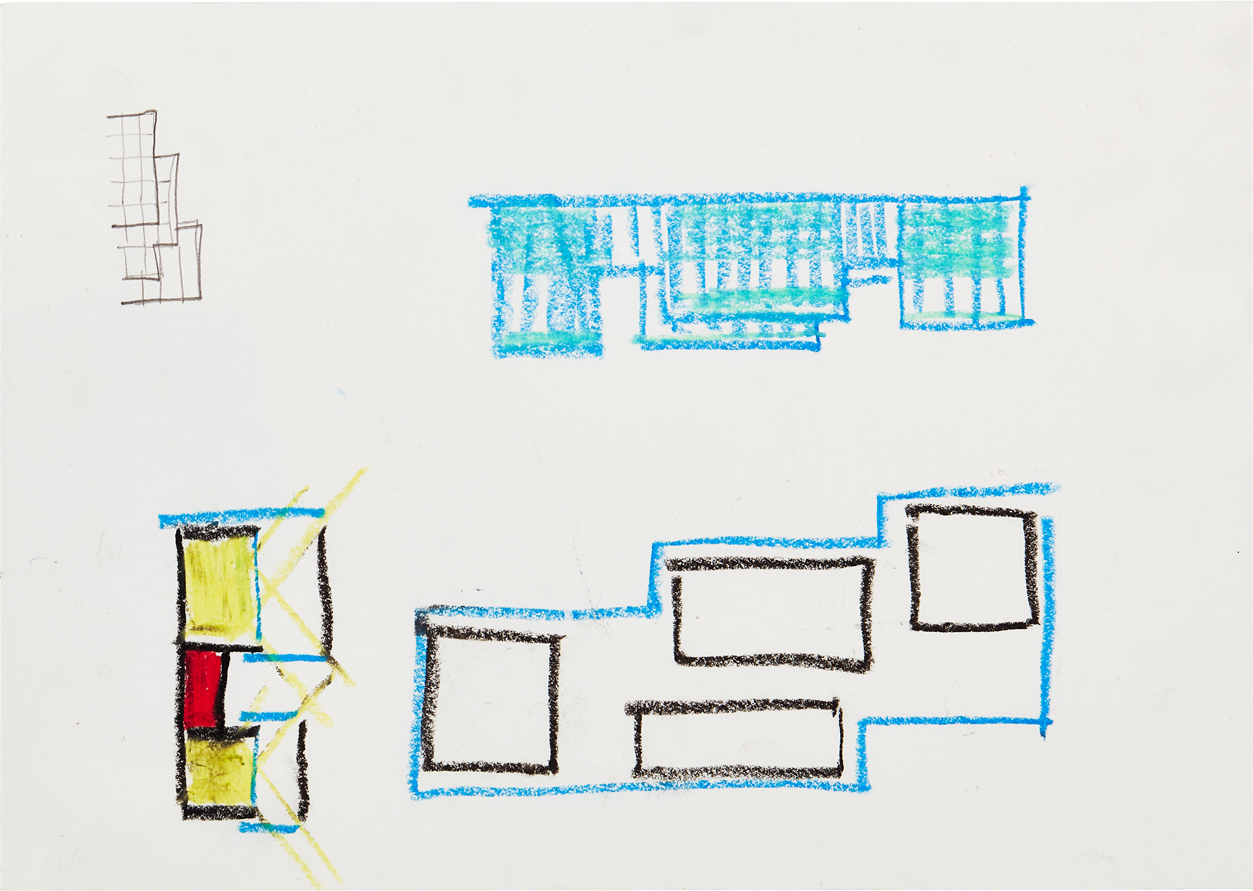 Gigon Guyer (*1959/1958) mUSéE Kirchner, façade, coupe et plan de masse, tracé final Parkpromenade, 1989, pastel sur papier, 21 x 29.7 cm