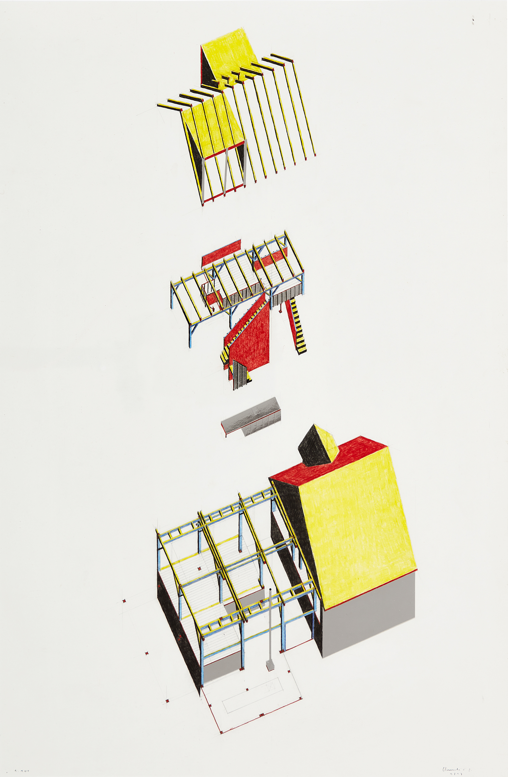 Schneider Türtscher (*1981/1984), Auf Berg I, structure spatiale, crayon sur papier à dessin (plus Xerox comme original alternatif), 76 x 44 cm