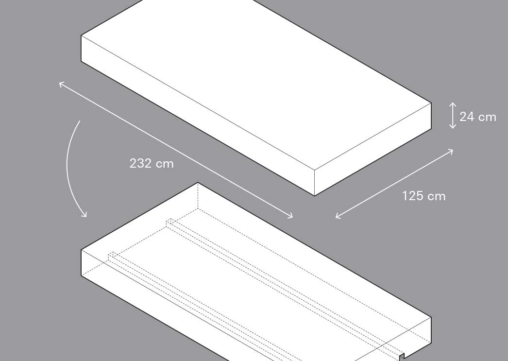 Solution dalle précontrainte pour pierre naturelle ou béton de réemploi: les unités sont rainurées pour recevoir la précontrainte