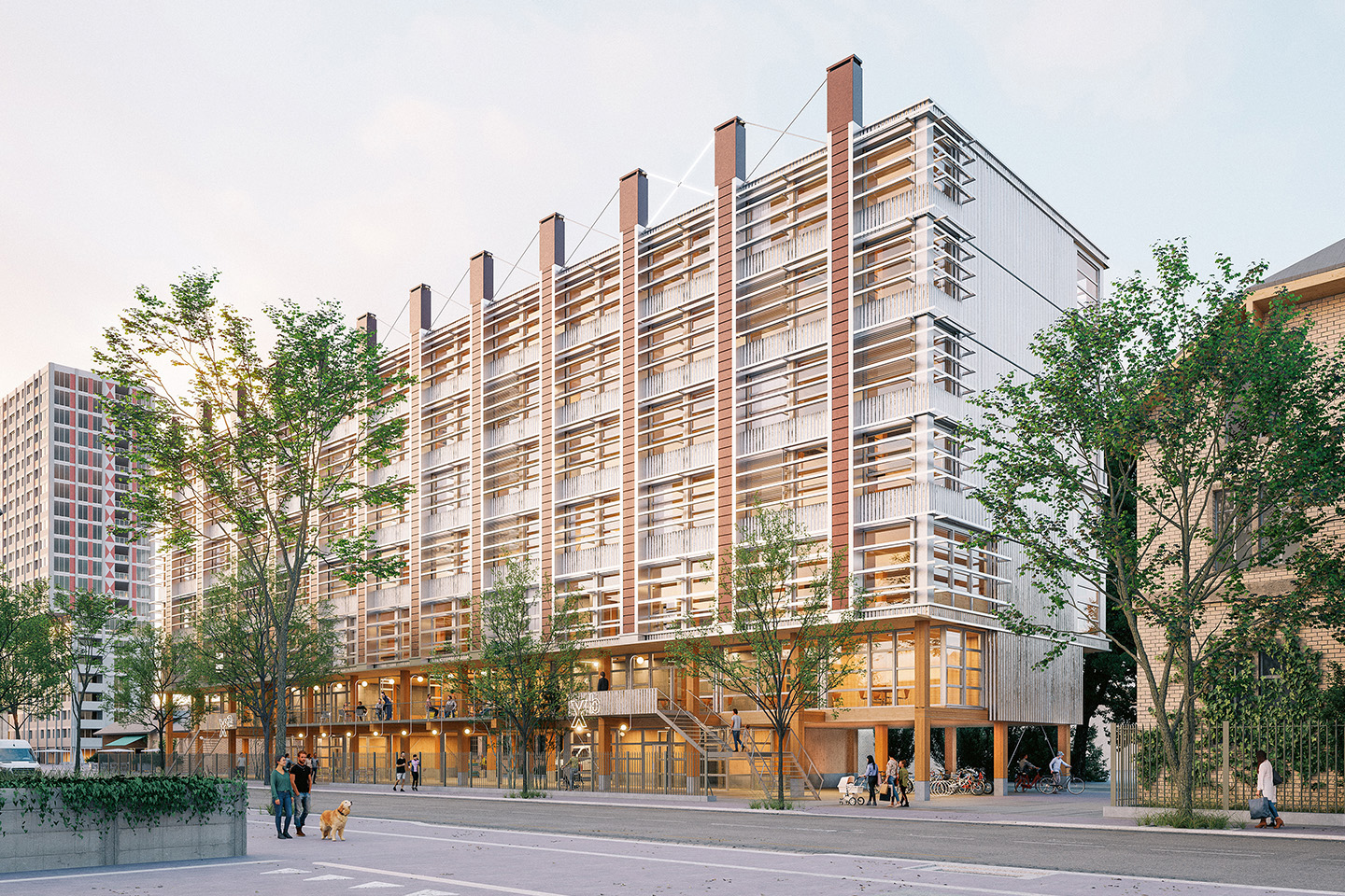 «Xylo» nimmt die Rolle eines Scharniers zwischen Stadt und Areal ein. Das Erdgeschoss wirkt einladend und erweitert den städtischen Raum. Die technische Gestaltung der Fassade vermittelt einen expressiven Ausdruck. Visualisierung.