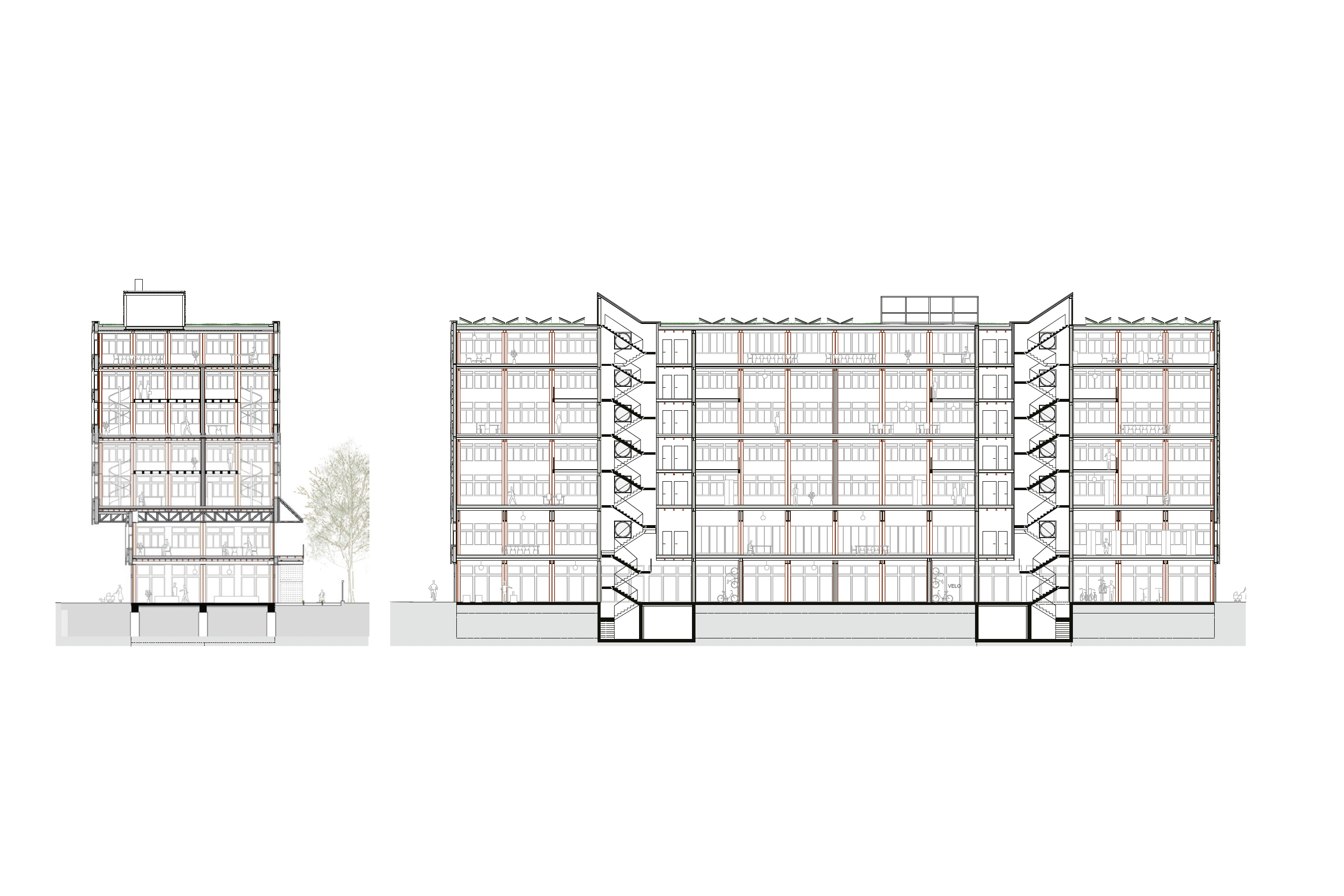 Das Siegerprojekt «Gleis X» verpflichtet sich in Ausdruck und Disposition der Werkstadt. Das Team verfolgt eine konsequente Re-use-Strategie und setzt dafür etwa ausgemusterte Eisenbahnschienen als Tragwerk ein. Quer- und Längsschnitt.
