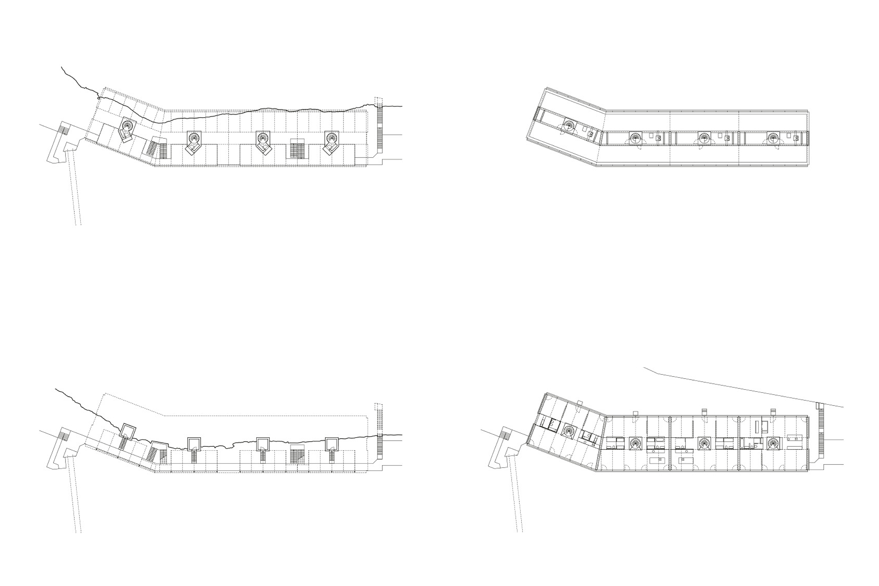 Grundrisse. Oben: Ebene 1 (links) – Loggien und Ebene 3 – Gründach. Unten: Ebene 0 (links) – Zugänge und Grundriss Ebene 2 – Wohnungen.