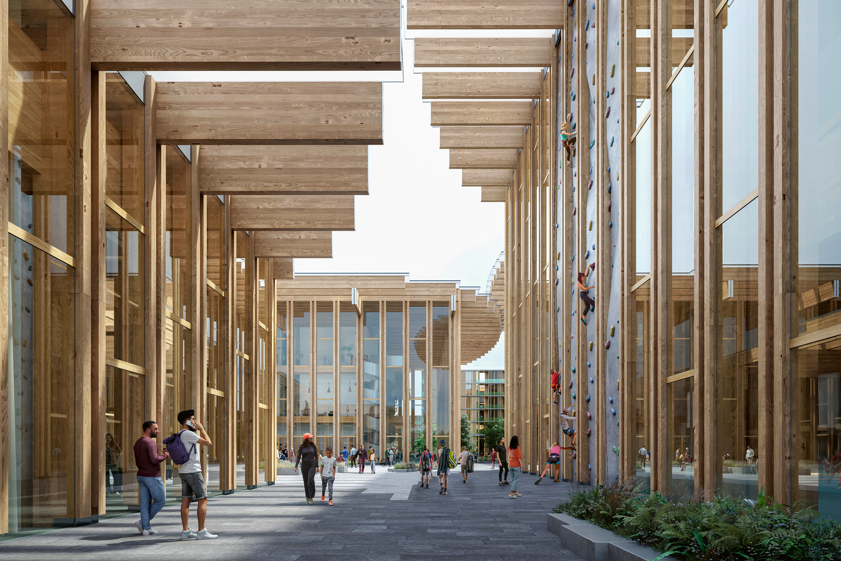 Centre sportif ou centre commercial? Perspectives extérieures du projet conçu par Bjarke Ingels Group (BIG) et Frei &amp; Stefani Architecture et Développement.