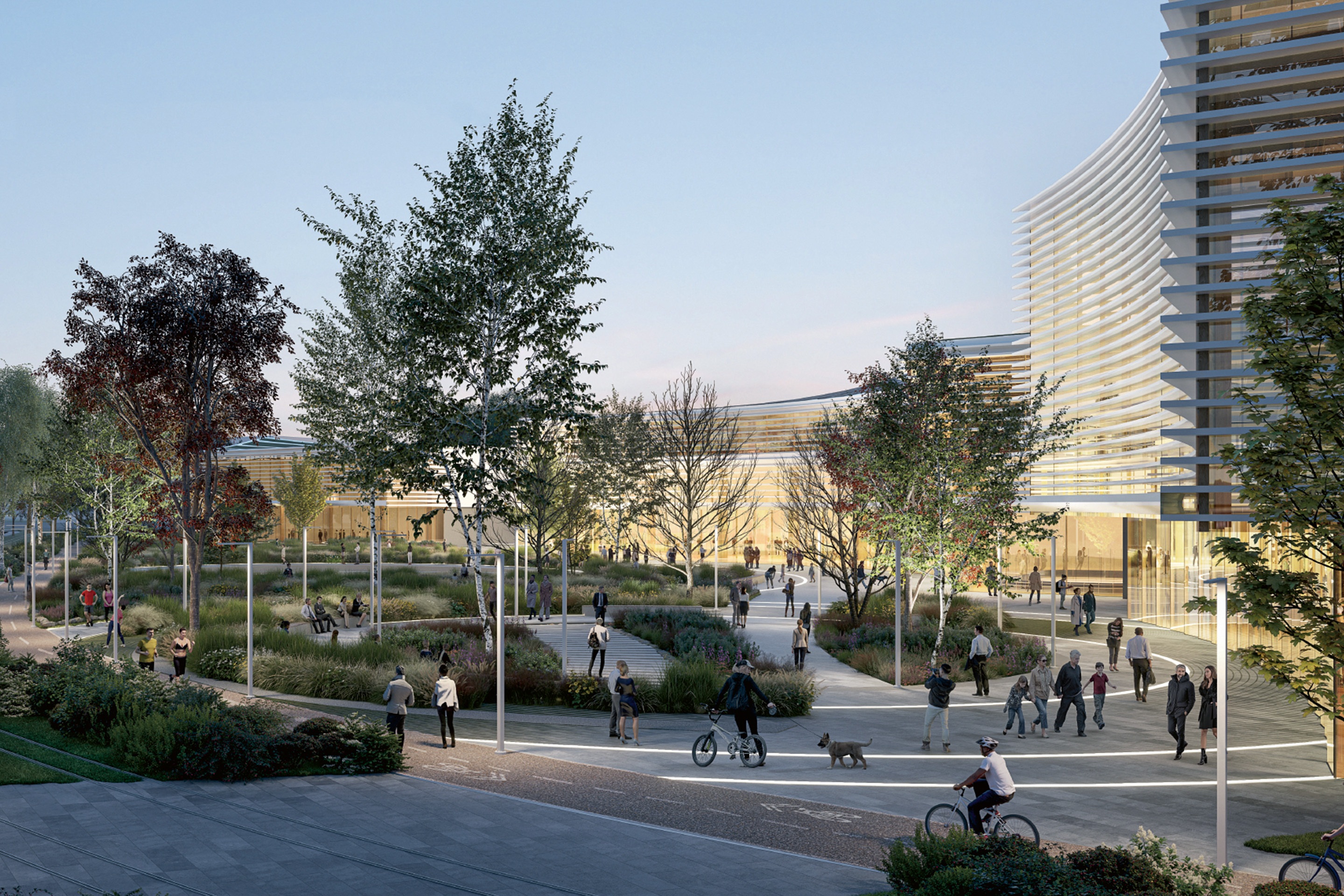 Centre sportif ou centre commercial? Perspectives extérieures du projet conçu par Zaha Hadid Limited De Planta et Associés.