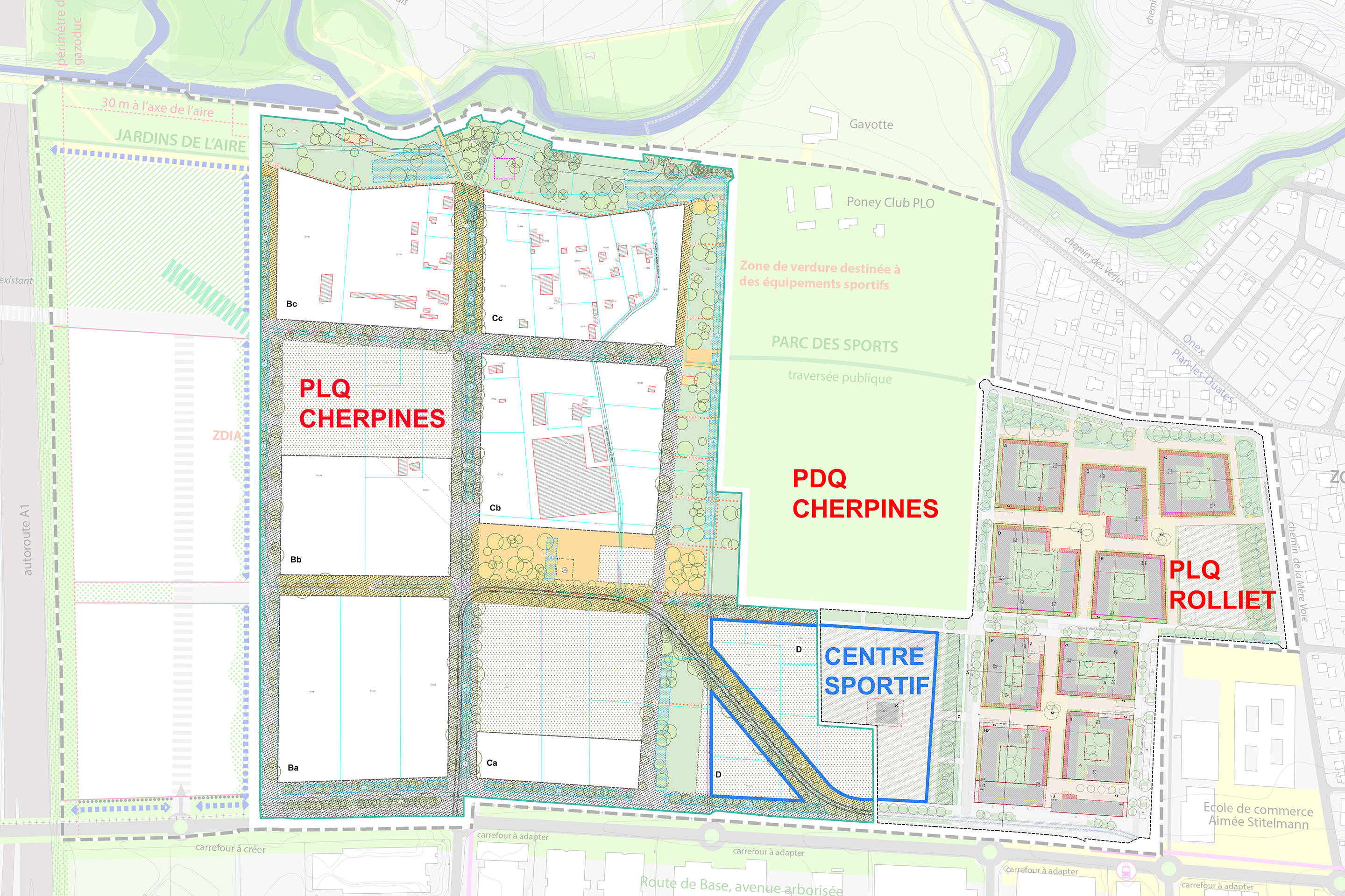 Le périmètre du concours pour le centre sportif des Cherpines est réparti sur deux plans localisés de quartier (PLQ) : celui du Rolliet (adopté en 2018) et celui des Cherpines (mis à l’enquête en 2024).