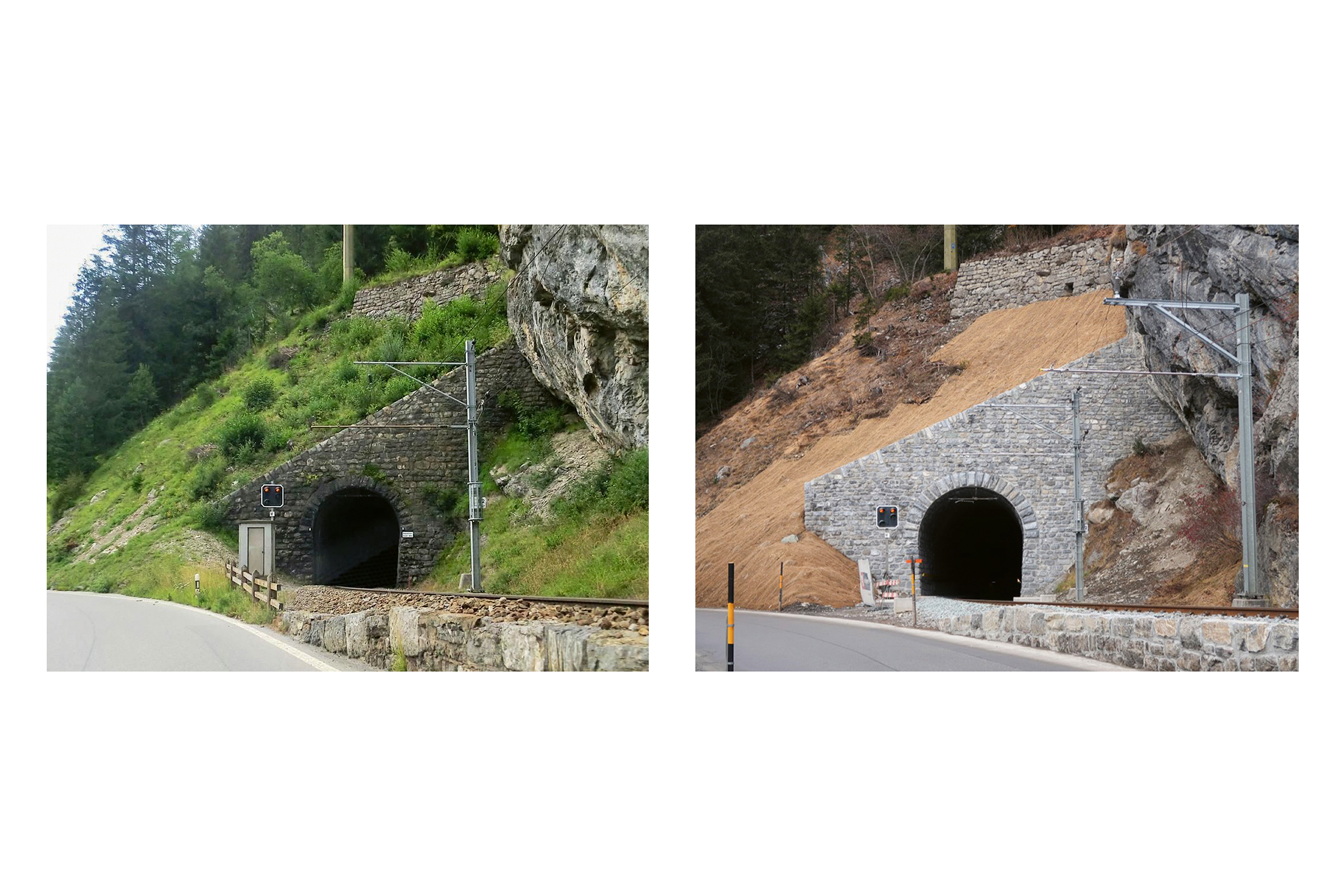 Portale sud del tunnel di Bergünerstein, prima e dopo il rinnovamento