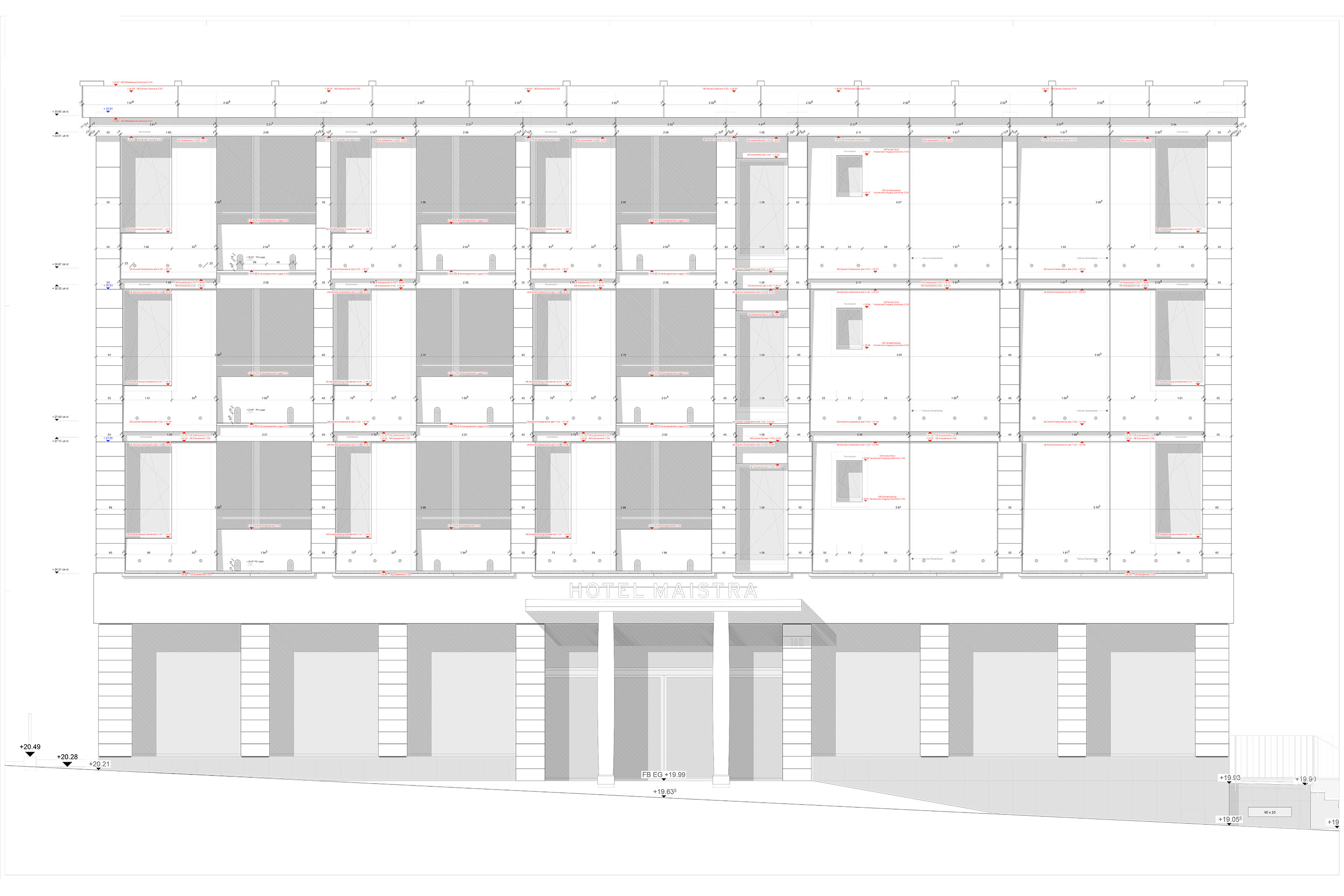 Ansicht Eingangsfassade: Durch vorgelagerte Parkplätze und das Gefälle der Strasse und ist der Kontakt zwischen dem öffentlichen Raum und dem Hoteleingang distanziert.
