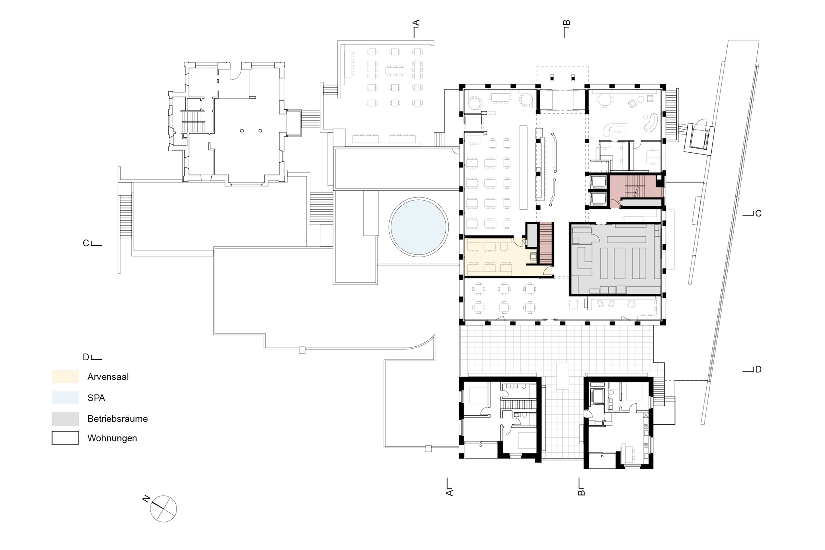Grundriss EG: Der offene Grundriss umfliesst die kompakten geschlossenen Bereiche.
