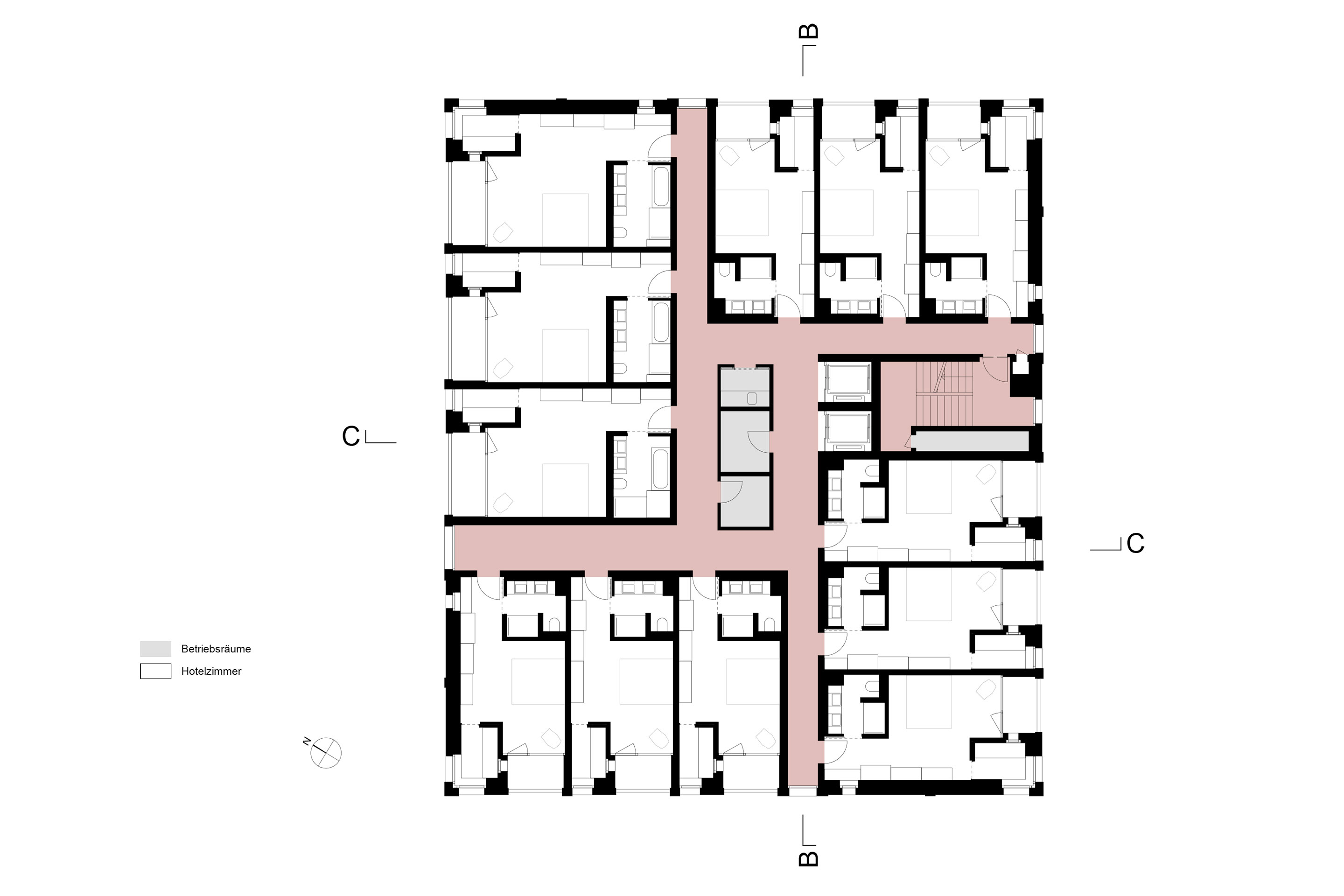 Grundriss 1. bis 3.OG. Jedem Zimmer ist ein kleiner Raum, die Stüvetta, zugeordnet mit Blick in die Bergwelt.