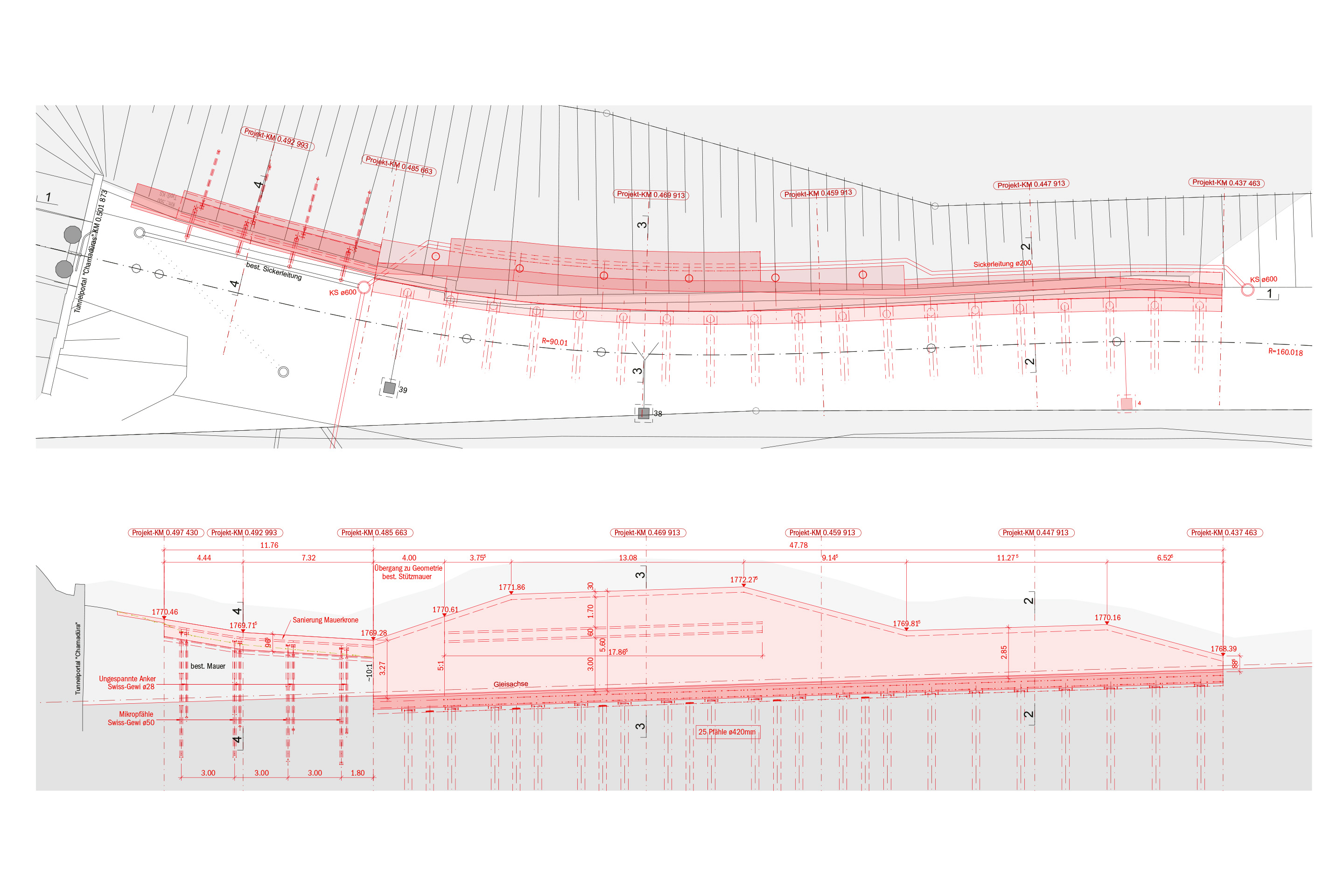 Pianta e sviluppo longitudinale del muro di sostegno