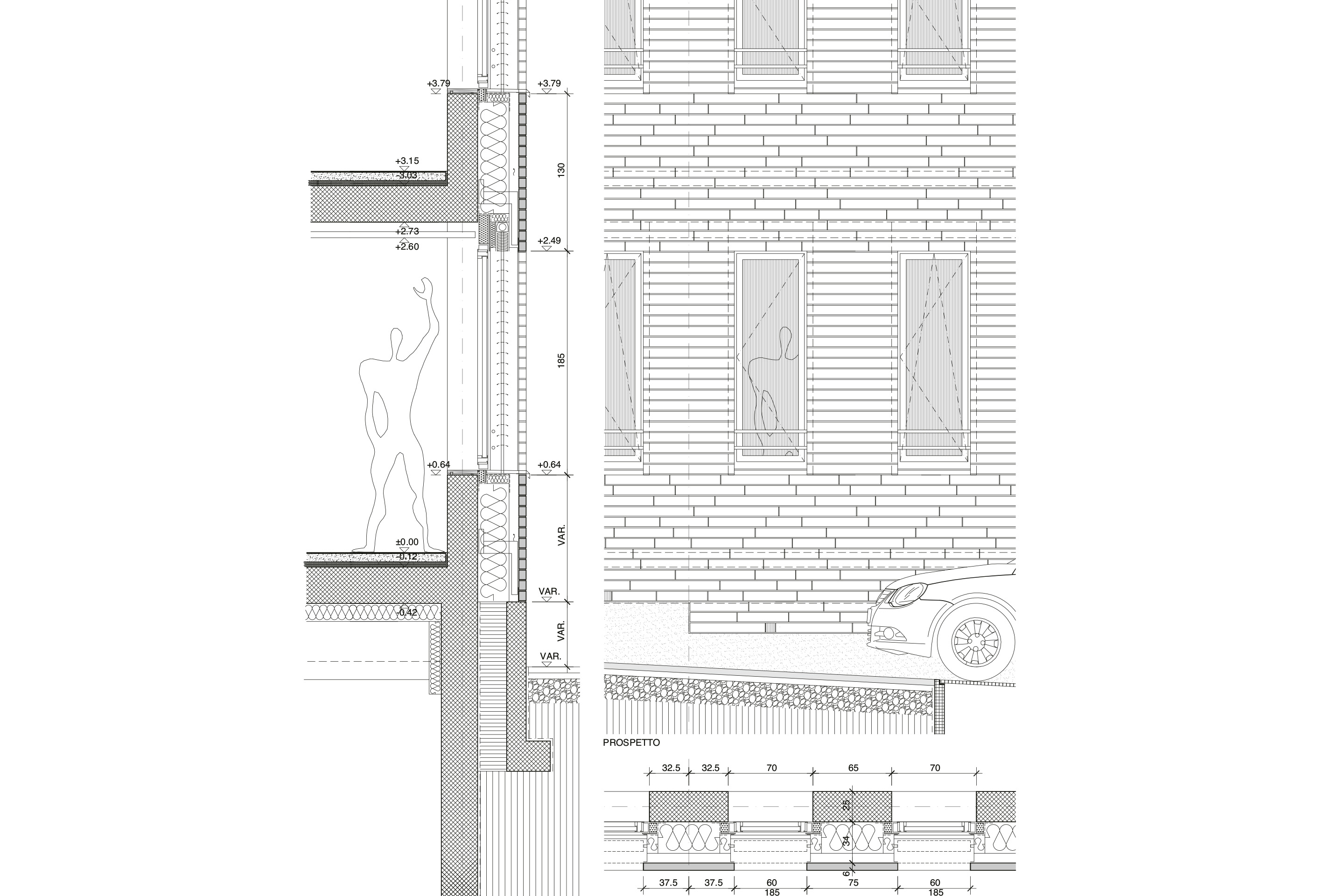 Sezione di dettaglio della facciata sul retro con pianta e vista