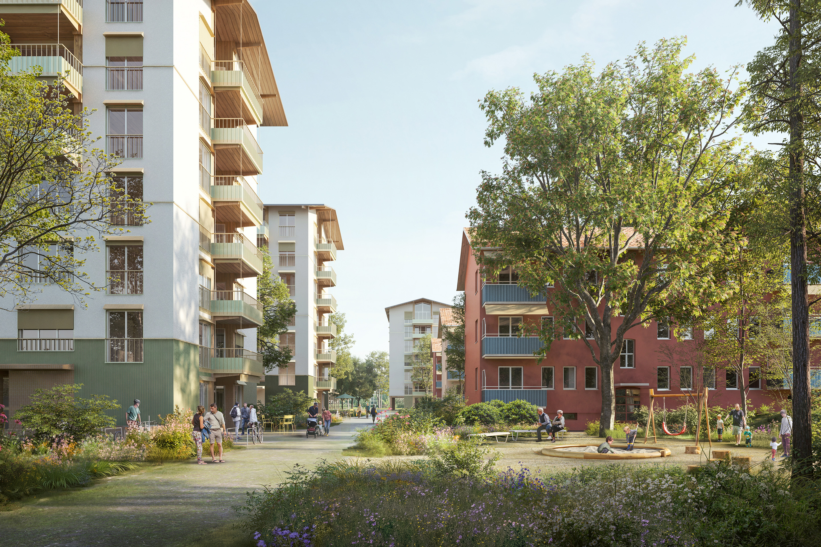 Rénovation de la coopérative/Baugenossenschaft Brunnenhof Zürich (BBZ). Mandats d’étude parallèles sur invitation selon règlement SIA 143. Recom-mandation pour la suite: pool Architekten et S2L Landschaftsarchitekten. Sur la base des expériences récentes, pool Architekten élabore une stratégie très claire: rénover «au pinceau» l’existant, construire à neuf de manière écologique. 23 des 39 maisons existantes (60%) sont conservées, tandis que les nouvelles grandes maisons (6 ou 7 étages) visent le standard Mi