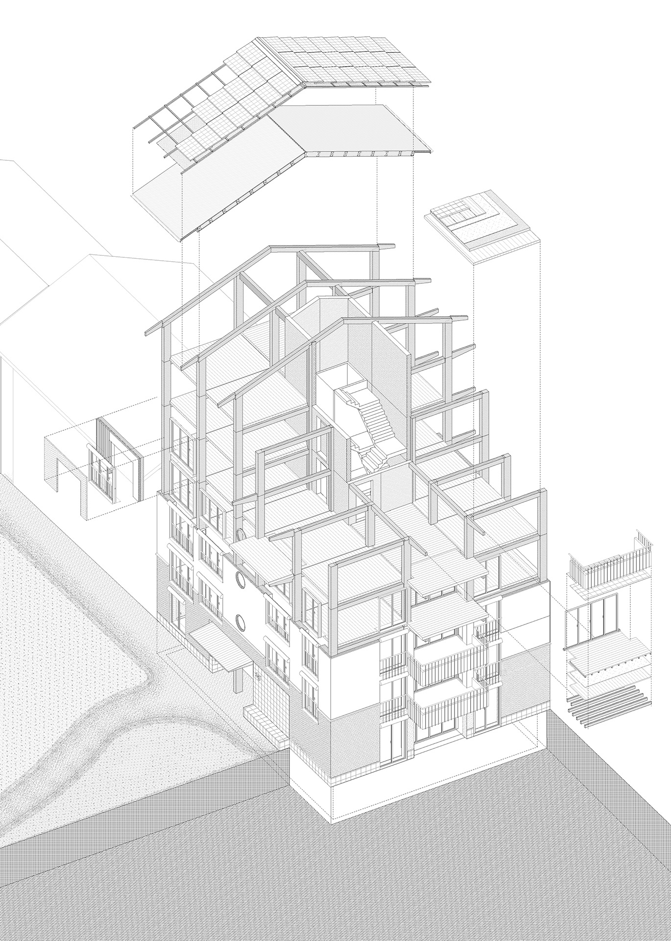 Les nouveaux immeubles sont construits en ossature bois et noyau préfabriqué démontable, selon les principes du Design for Dissasembly.