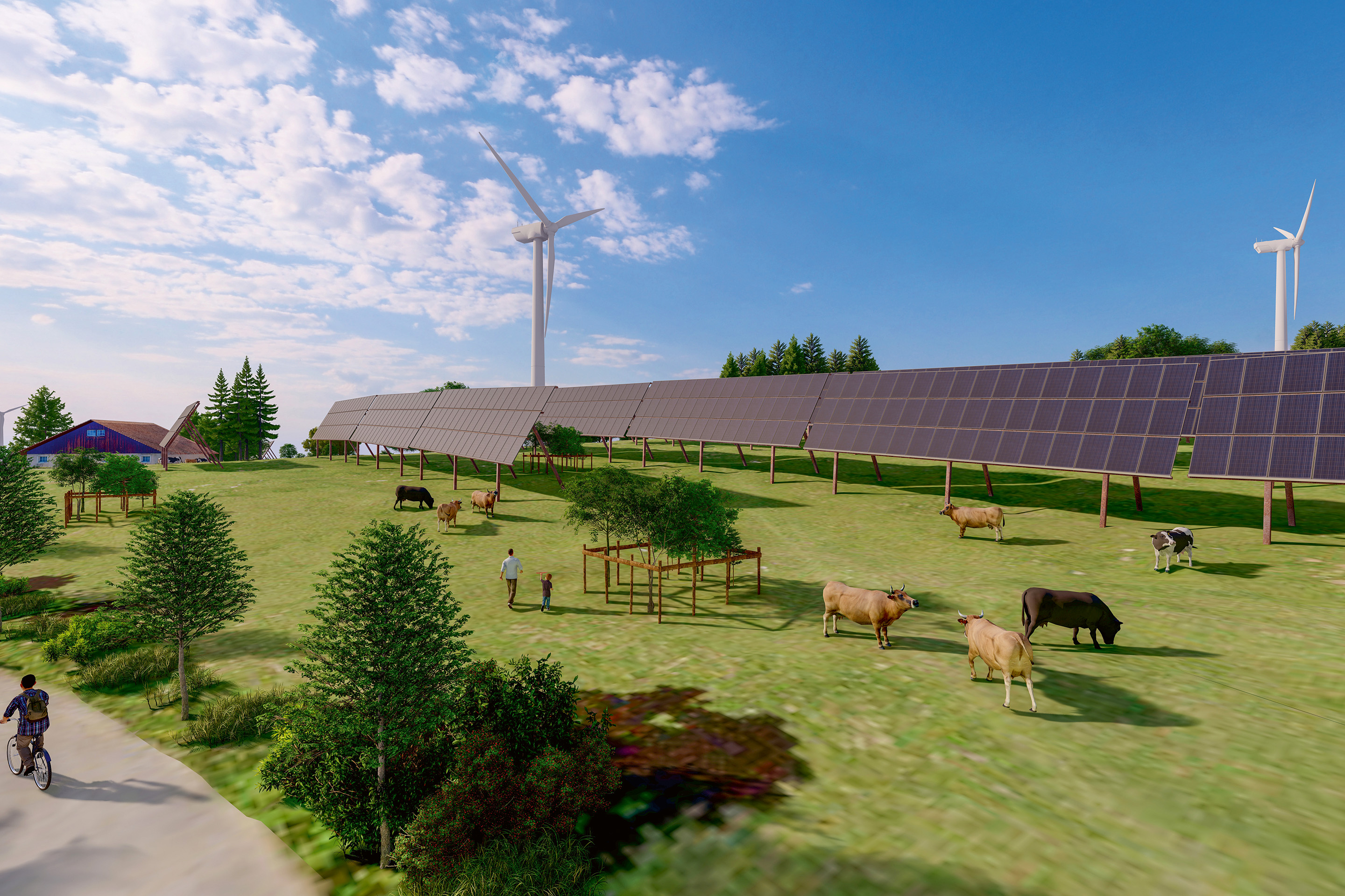 Visualisation de la centrale photovoltaïque en cohabitation du Grand Chasseral. De par la hauteur des tables solaires, les déambulations du bétail ne sont pas entravées.