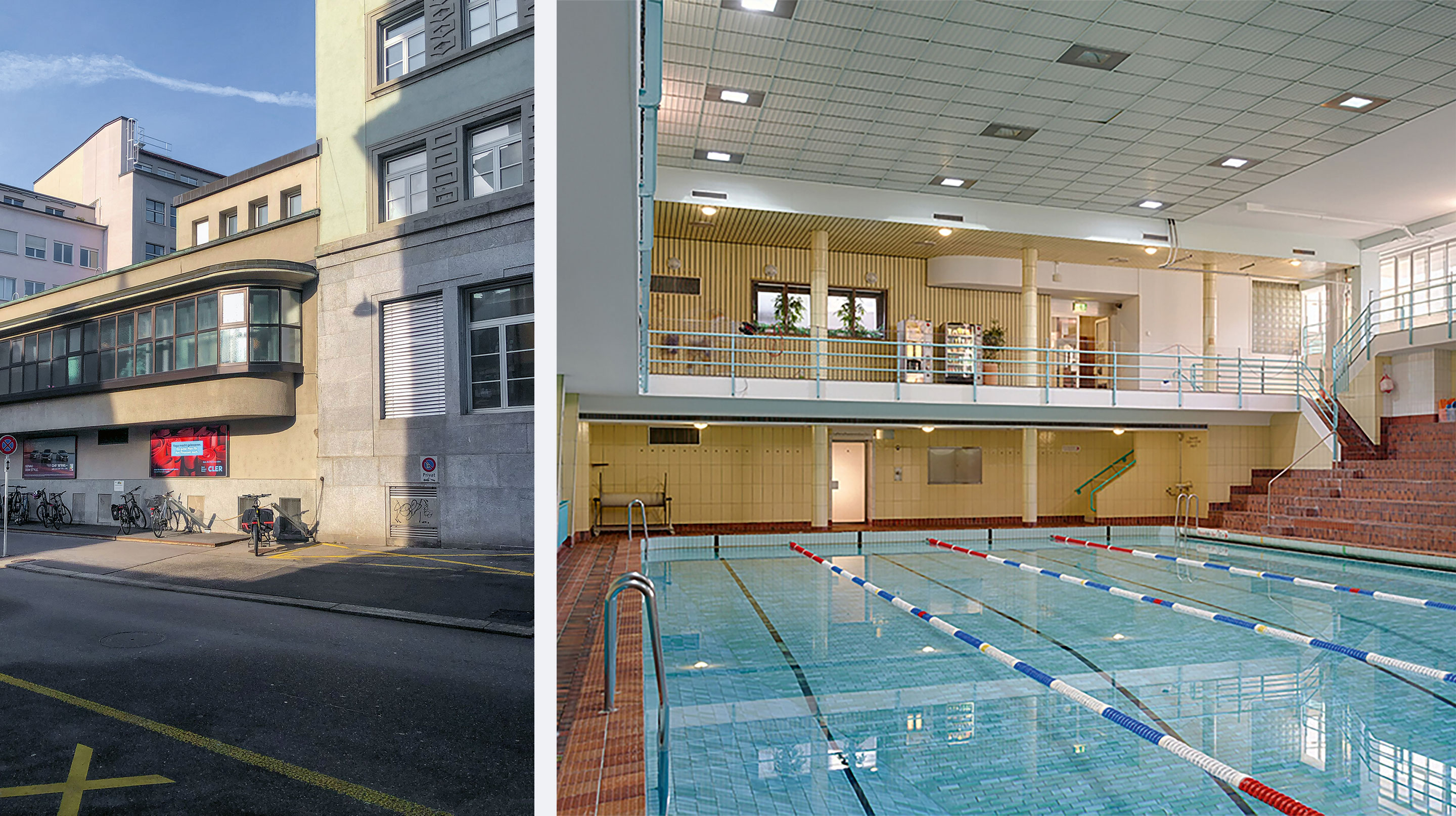 Links: Aussenansicht der Erweiterung von 1939 mit dem markanten Blumenfenster. Hier befand sich die Schwimmhalle.  Im Vordergrund ist das Hauptgebäude von 1929 zu sehen. Rechts: Die Erschliessung der Schwimmhalle erfolgte über die Galerie.  Die Tür unten in der Mitte führte zum Lehrschwimmbecken.