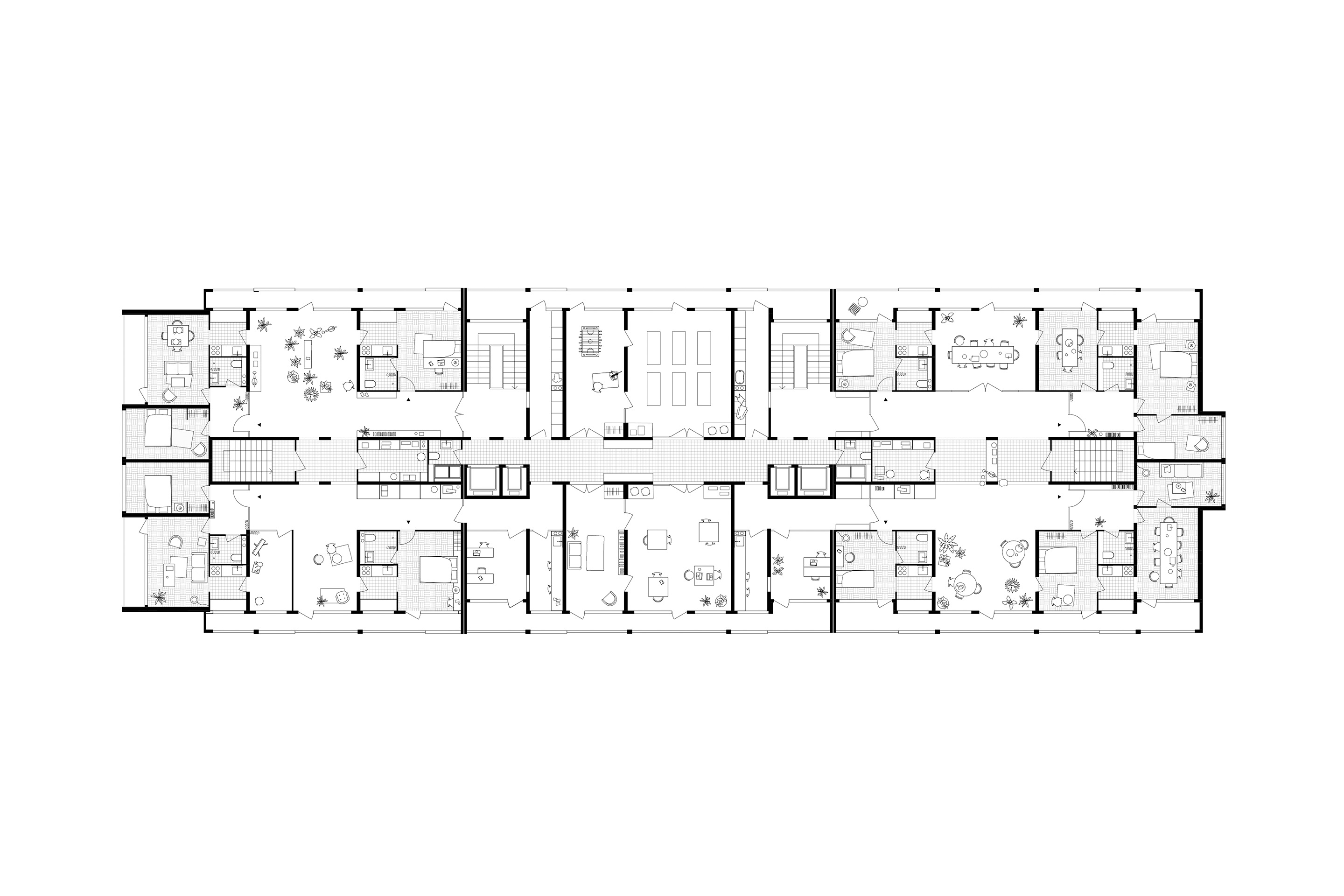 Mise en situation: ateliers-logements et espaces communs (R+4-R+8-R+12). La création de deux nouvelles volées d’escalier permet de passer d’une distribution par couloir sans lumière à une distribution augmentée d’espaces communs (ateliers, buanderies, espaces de travail…) et éclairée naturellement. À gauche et à droite du plan, des ateliers-logements de 2 pièces avec salle de bain et cuisine ainsi que des studios autonomes s’ouvrent sur des espaces partagés, cloisonnés selon les besoins des habitants. Au ce