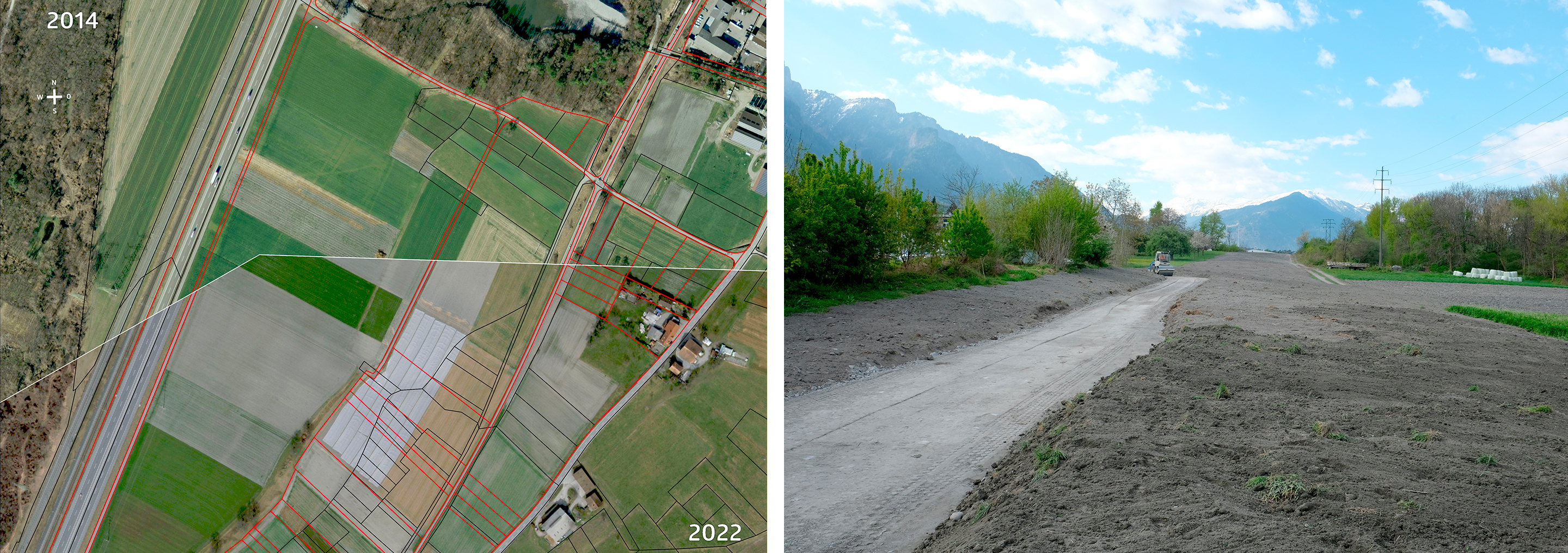 Exemple 1: Regroupement de parcelles à Trimmis suite au déplacement de l’autoroute. À gauche: comparaison du parcellaire et du réseau viaire entre 2014 et 2022 (ancien état en noir, nouvelle répartition en rouge) ; à droite : déconstruction de l’autoroute et aménagement d’un nouveau chemin d’exploitation 