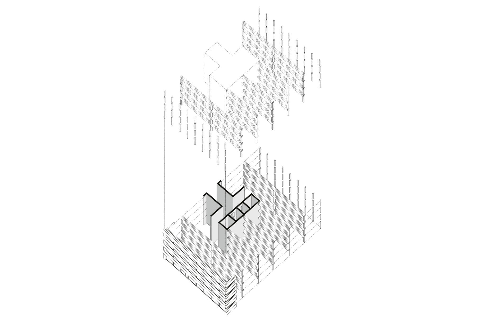 Axonometric view of the timber structure organized around the concrete core.