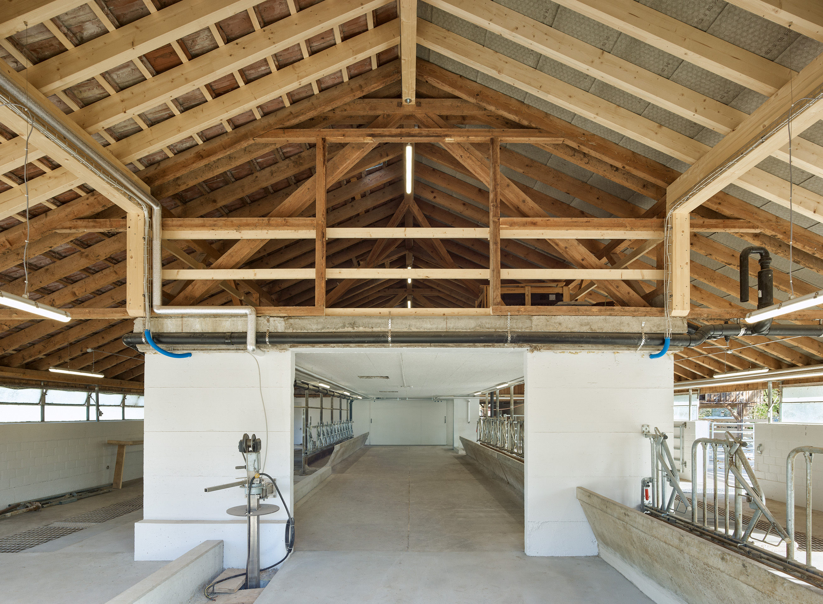 Der unbeheizte Kaltstall wurde um eine Achse verlängert. Dafür fanden die Holzbalken des rückgebauten Schopfs Verwendung.