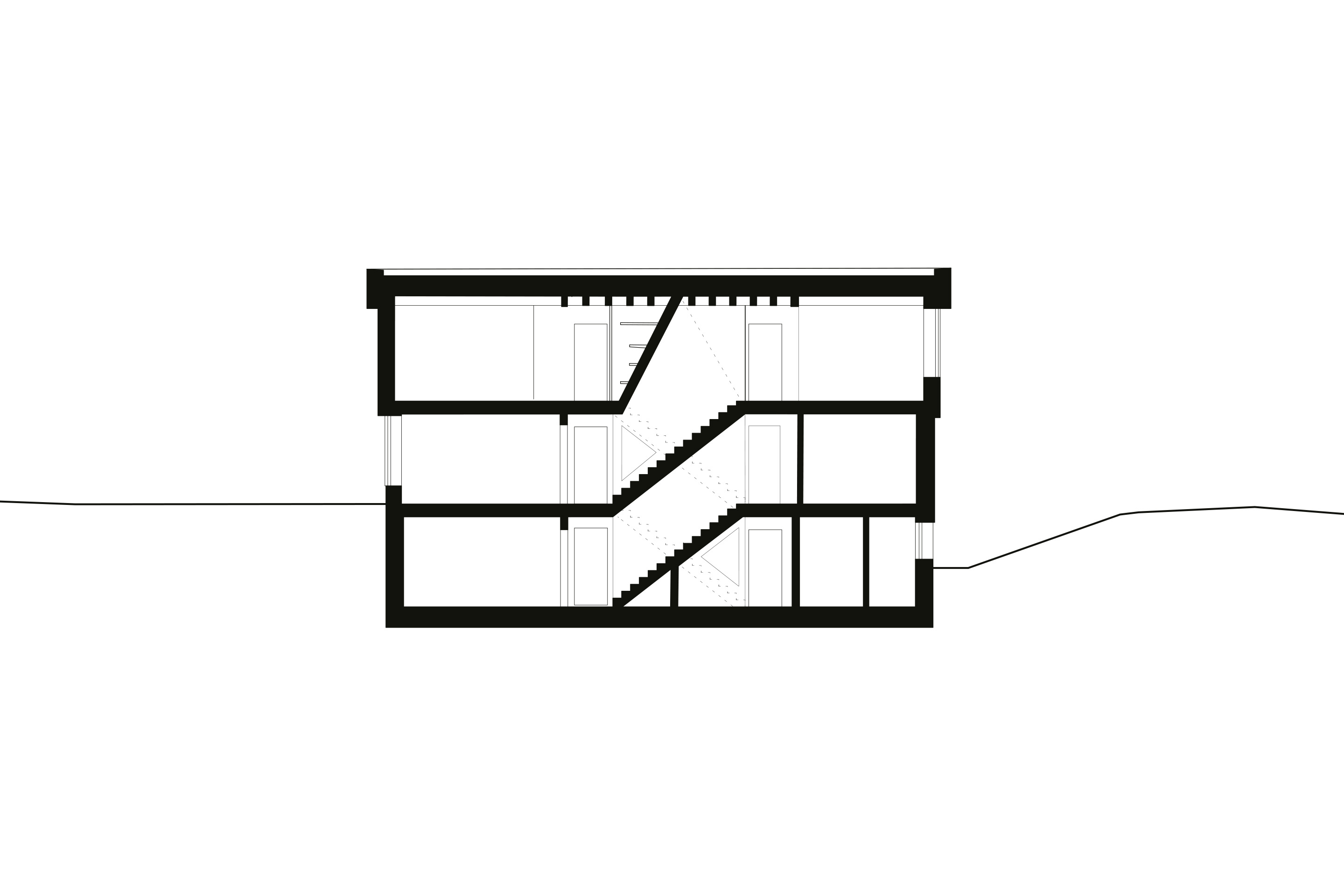 Auf einer Grundfläche von 440 m2 erstrecken sich drei Geschosse mit zwei verschlungenen Wohnungen.