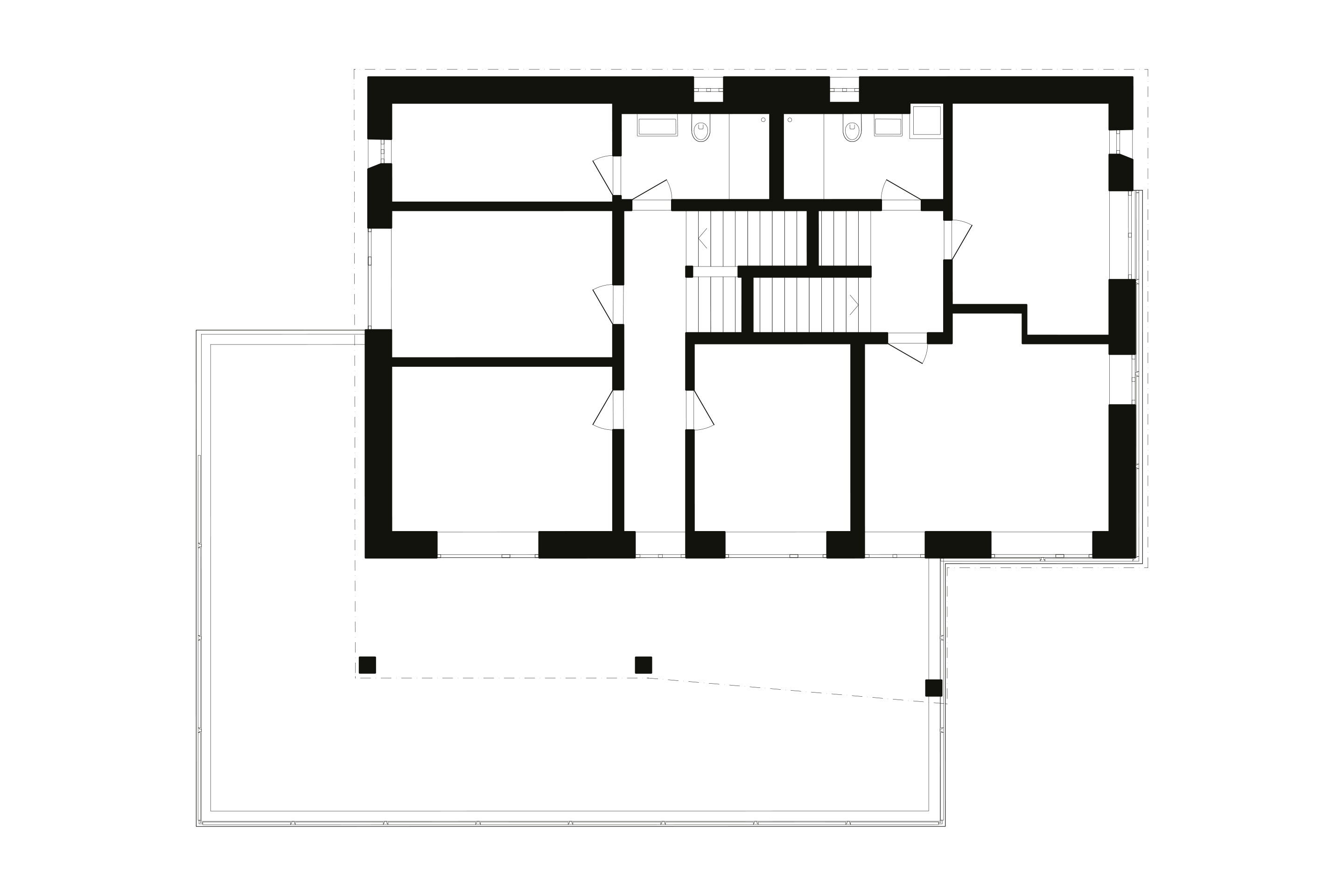 Auf einer Grundfläche von 440 m2 erstrecken sich drei Geschosse mit zwei verschlungenen Wohnungen. Grundriss Obergeschoss