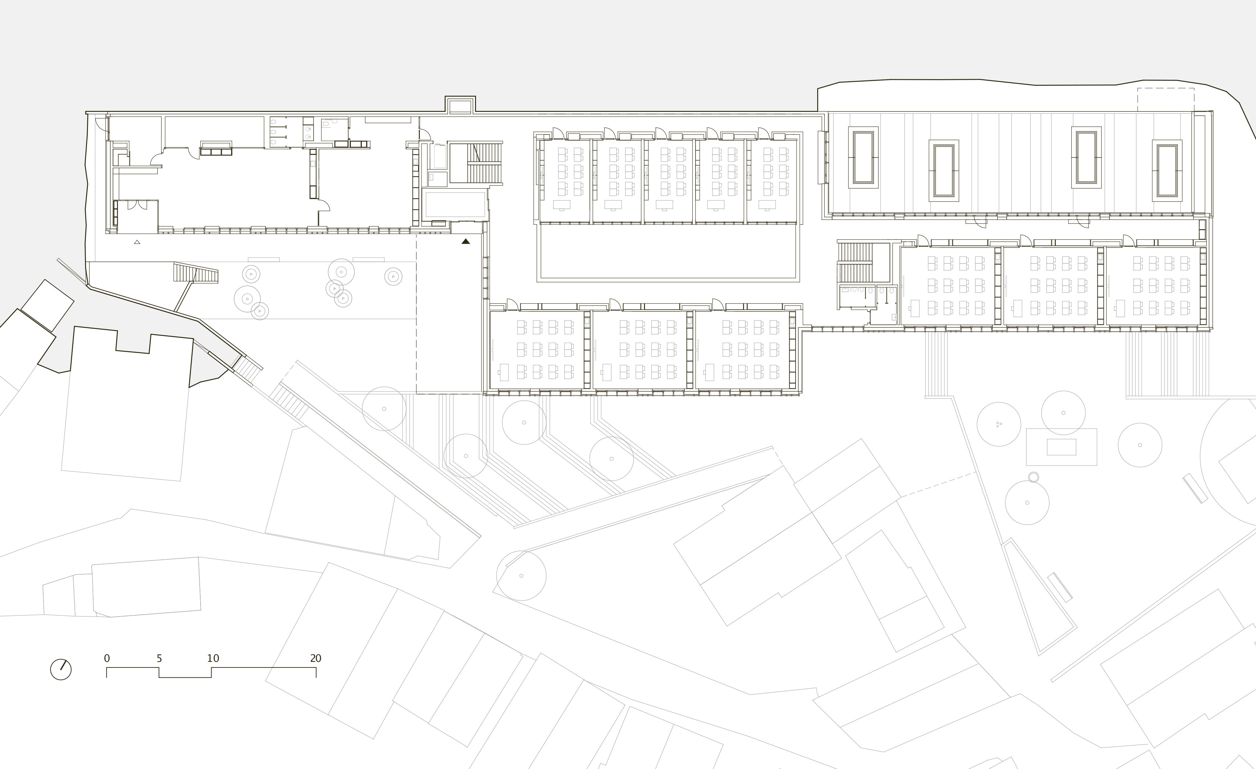 Nestled against the rock at the back, the accessible roof offers space for a sheltered break area.