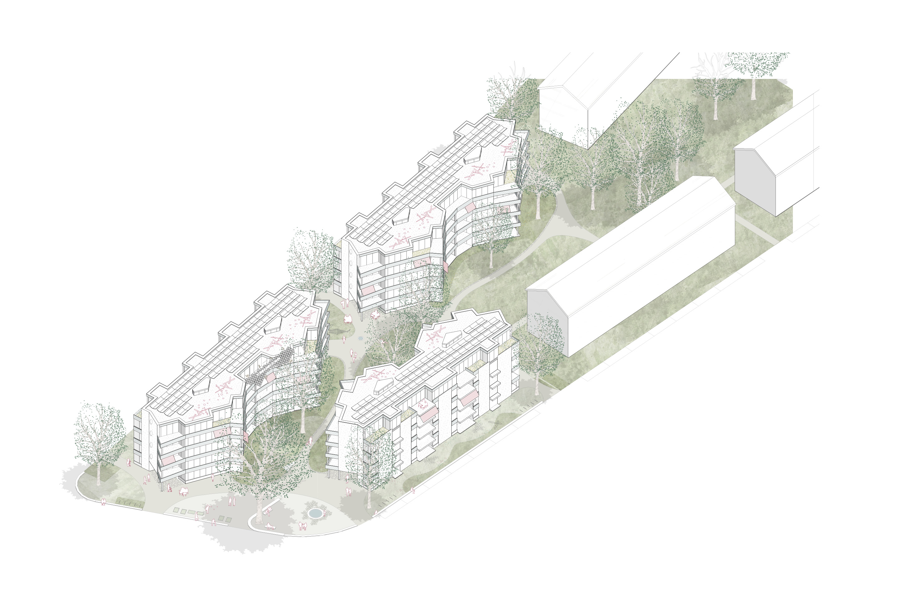 Axonometrie des Projekts "Free Hugs" von Haerle Hubacher