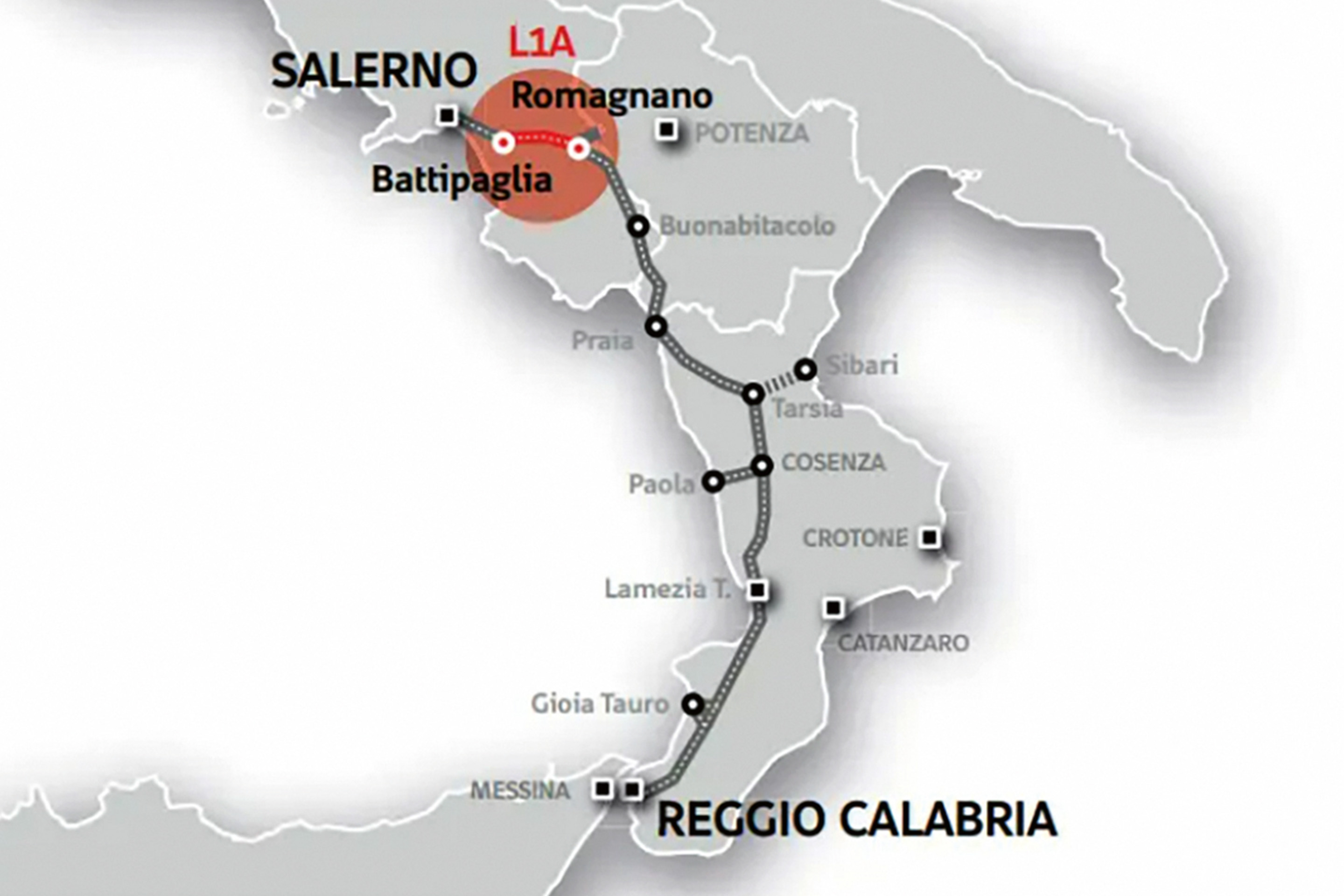 Projet, en cours, de modernisation de la ligne ferroviaire Salerne – Reggio de Calabre