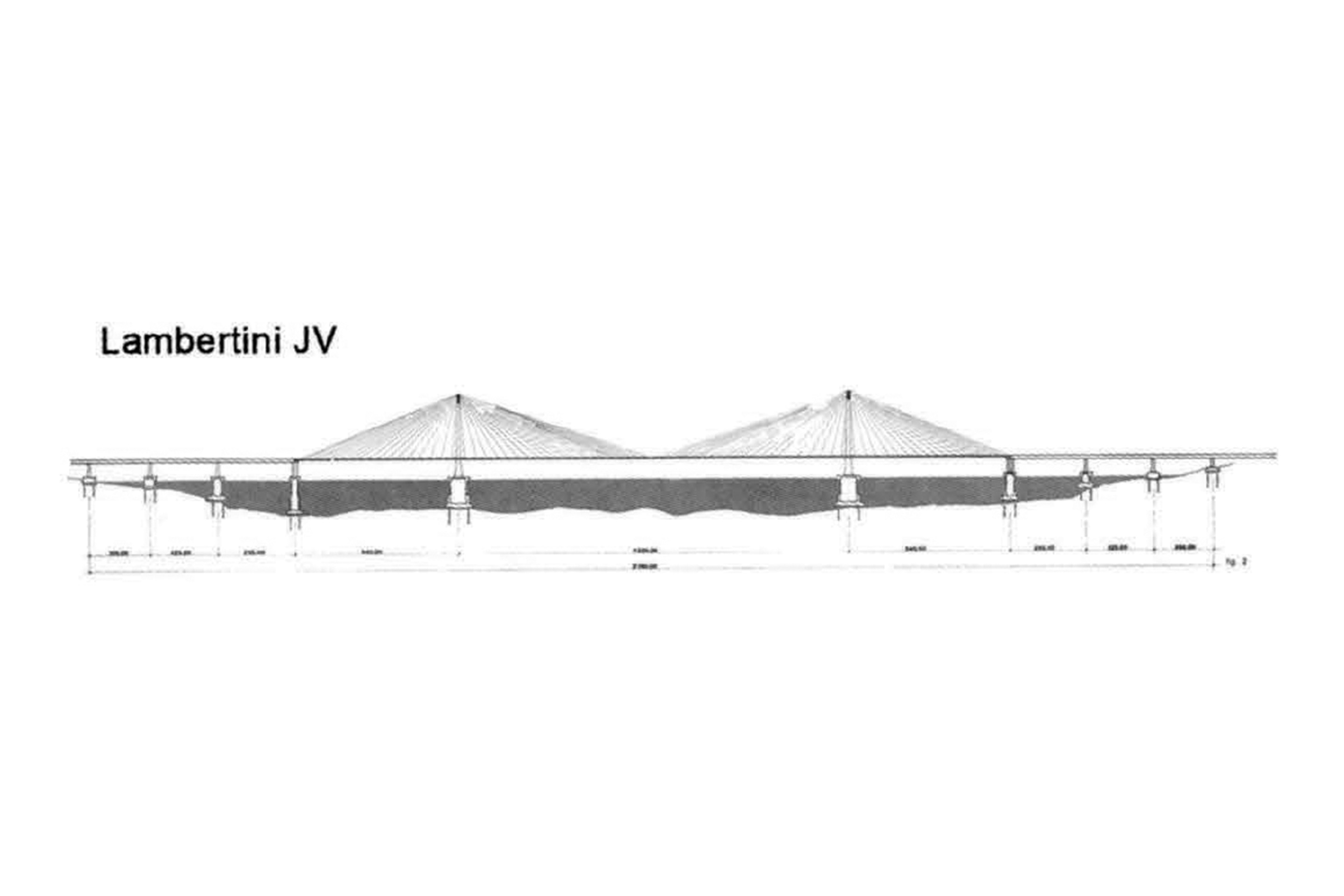 Certaines des propositions de conception pour le pont sur le détroit de Messine issues du Concours international d’idées 1968-1971:Groupe Lambertini, avec Fabrizio de Miranda et Fritz Leonhardt, pont haubané à travées multiples