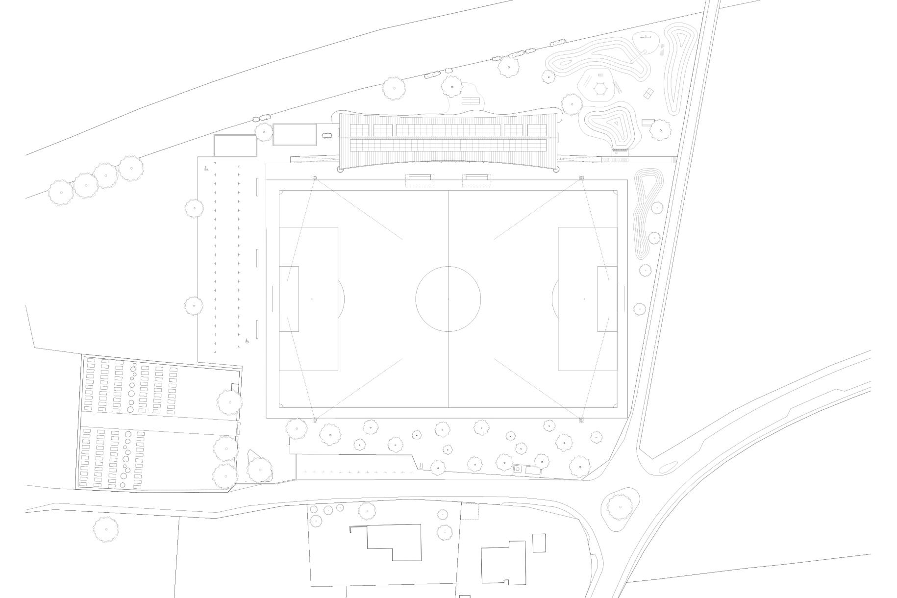 Site plan of the project. Localarchitecture's pavilion runs alongside the football pitch, forming a porous boundary between the heart of the village (to the east) and the countryside (to the west).