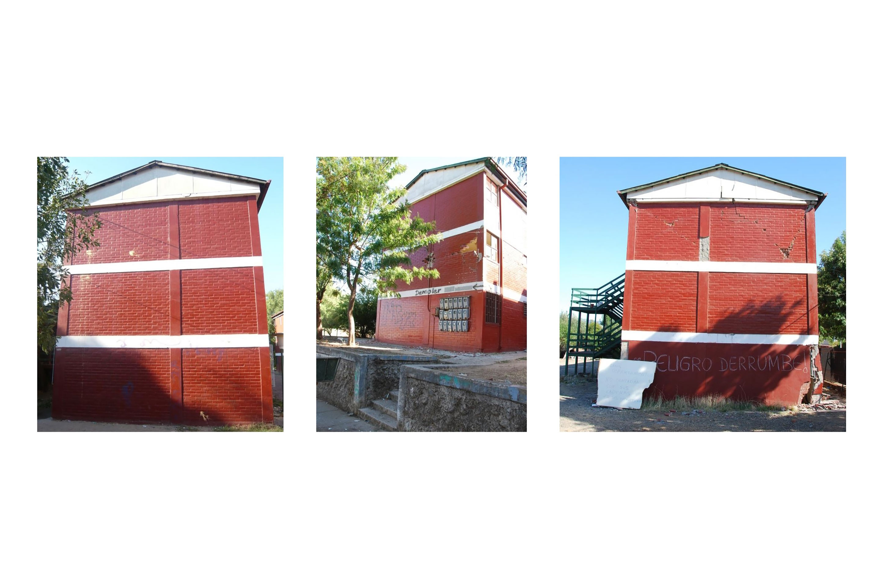 Unterschiedliches Schadensausmass bei drei bau- und zeitgleich erstellten Gebäuden (Chile, 2010).